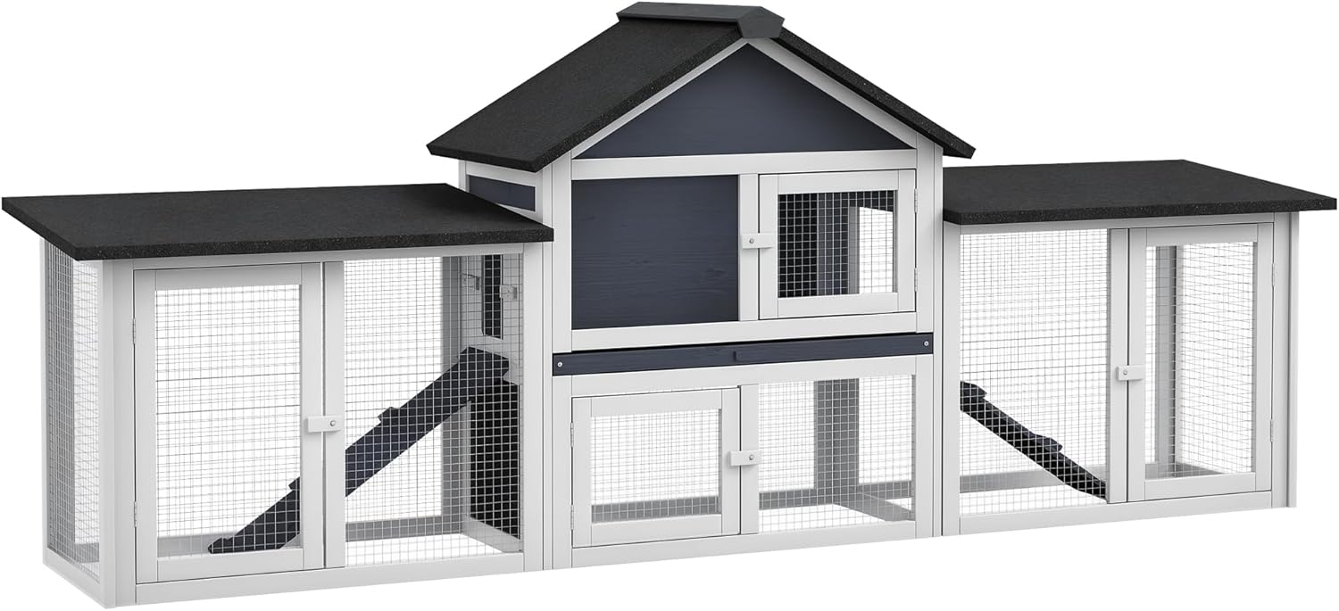 PawHut 83" L Outdoor Rabbit Hutch, Guinea Pig Cage Indoor Outdoor Wooden Bunny Hutch with Double Runs, Weatherproof Roof, Removable Tray, Ramps, Dark Gray