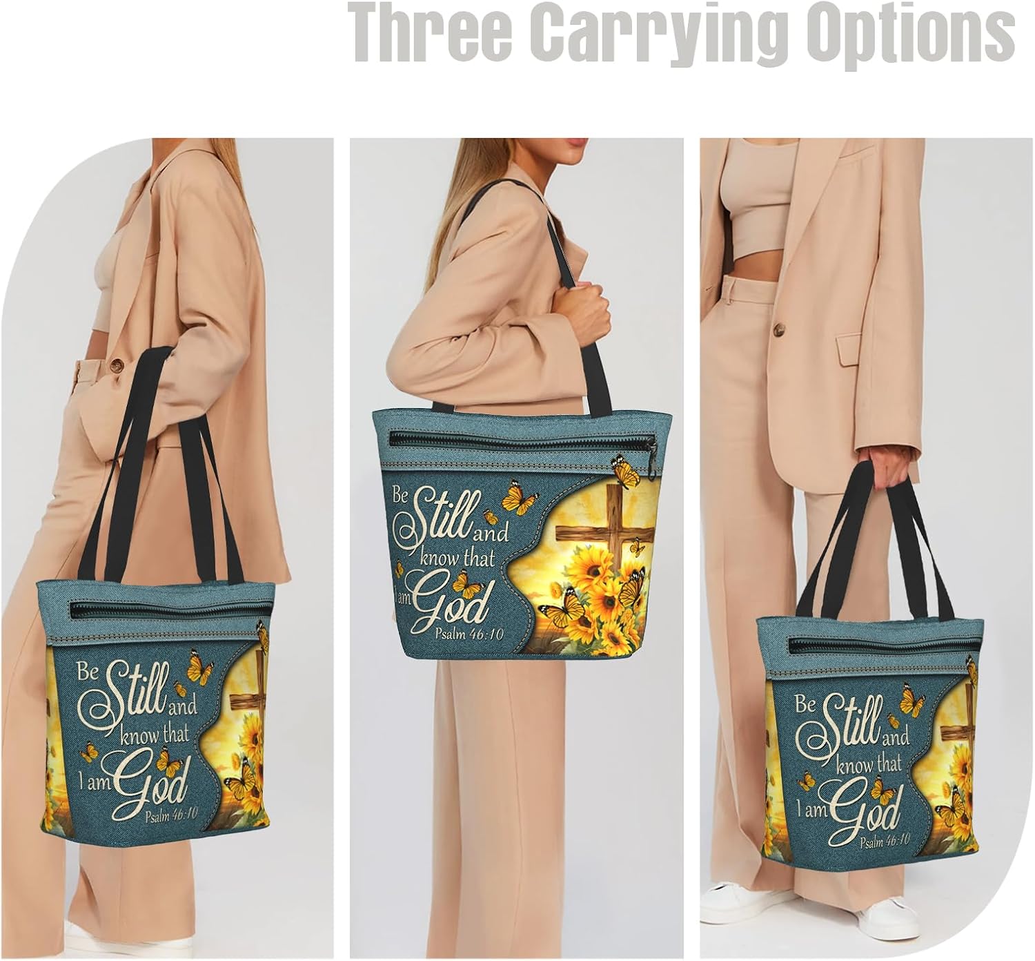 Christian Gifts Reusable Shopping Tote Bag Zippered Inspirational Tote Bags for Women Bible Verse Shoulder Bag - Image 2