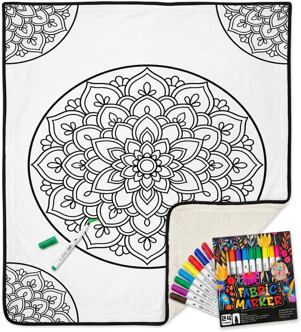 R.S. Goods Adult Coloring Blanket Set 50 x 60 Inch, DIY Mandala Plush Fleece Throw with 24 Fabric Markers, Color Your Own Blanket Creative Gift & Relaxing Activity