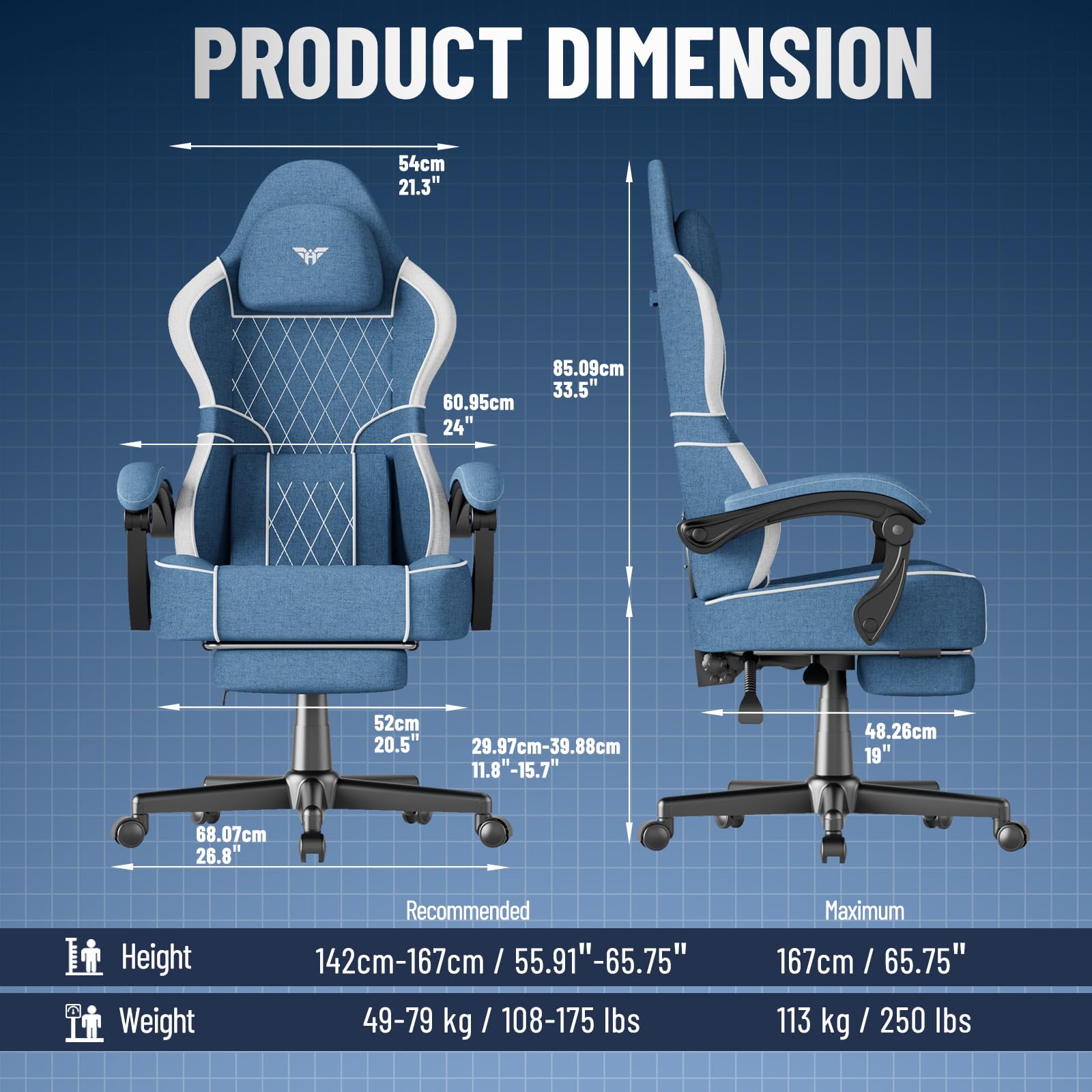Huracan Silla Gaming con función masajeador, Silla Gamer Oficina con reposacabeza y Soporte Lumbar, sillón ergonómico Gaming con reposapiés, Respaldo Ajustable 90-160°, 150KG, algodón y Lino, Azul