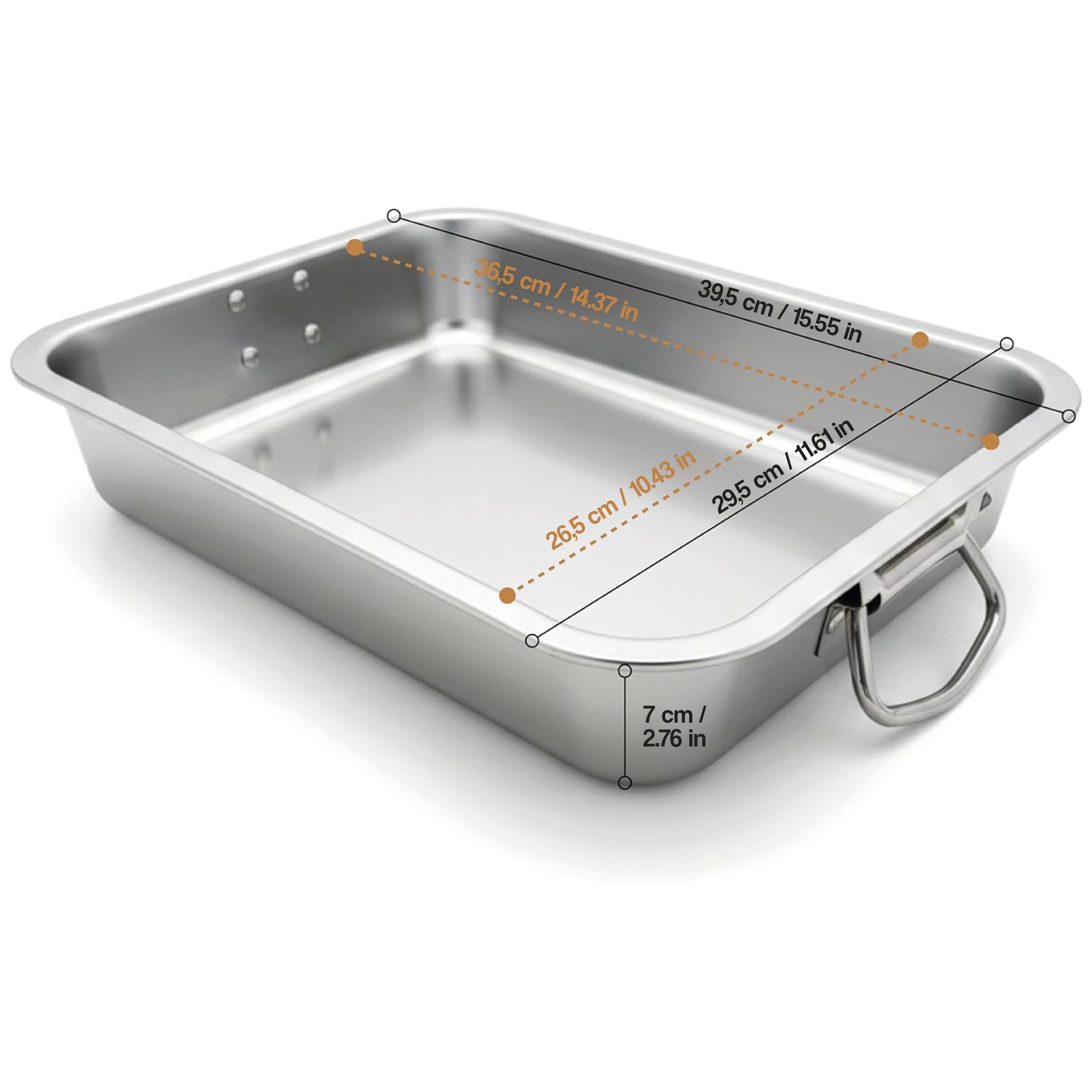 Teglie da Forno in Acciaio Inox - Teglia Rettangolare in Acciaio inossidabile - Lasagnera per Forno - Teglia Lasagna - Stampo da Forno Rettangolare - Maniglie Pieghevoli - 40 cm