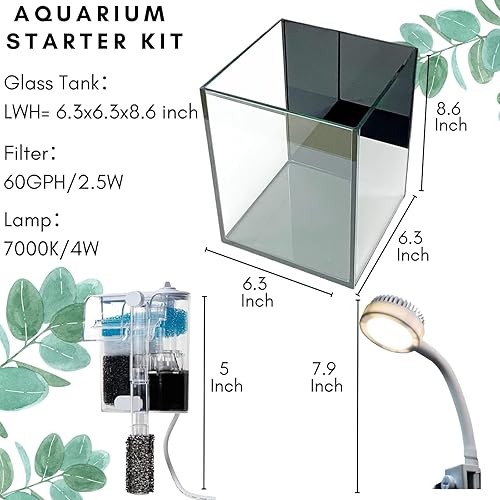 Miniatura 7 de Kit de iniciación para pecera, tanque de vidrio para acuario de 1.2 galones, LWH  6.3 x 6.3 x 8.6 pulgadas, filtro Slient de 60 GPH y lámpara LED de