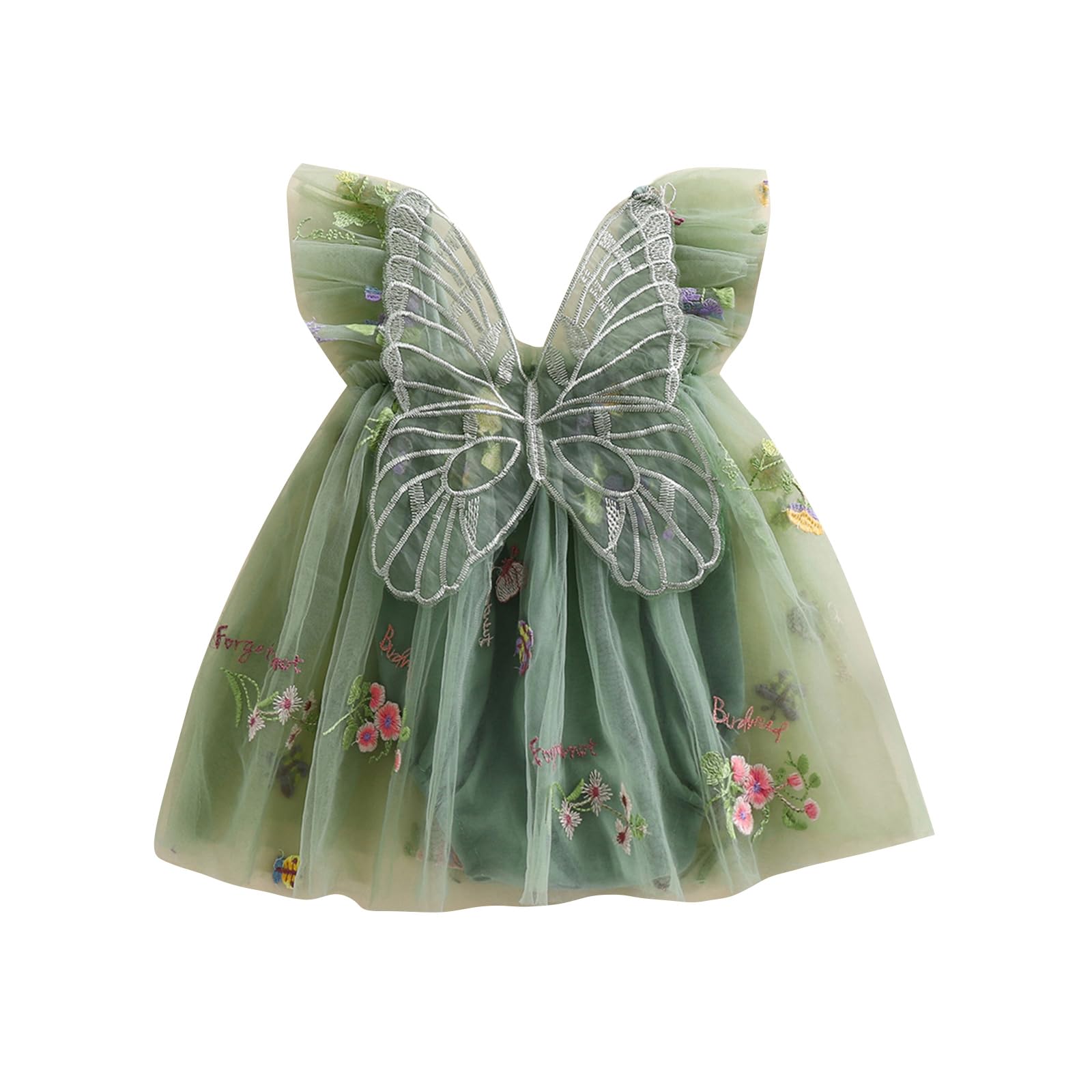Gaono Baby Girl Fairy Romper Dress Fly Sleeveless Butterfly Wings Tutu Romper Dress Flower Embroider Summer Bodysuit (A-Green, 12-18 Months)