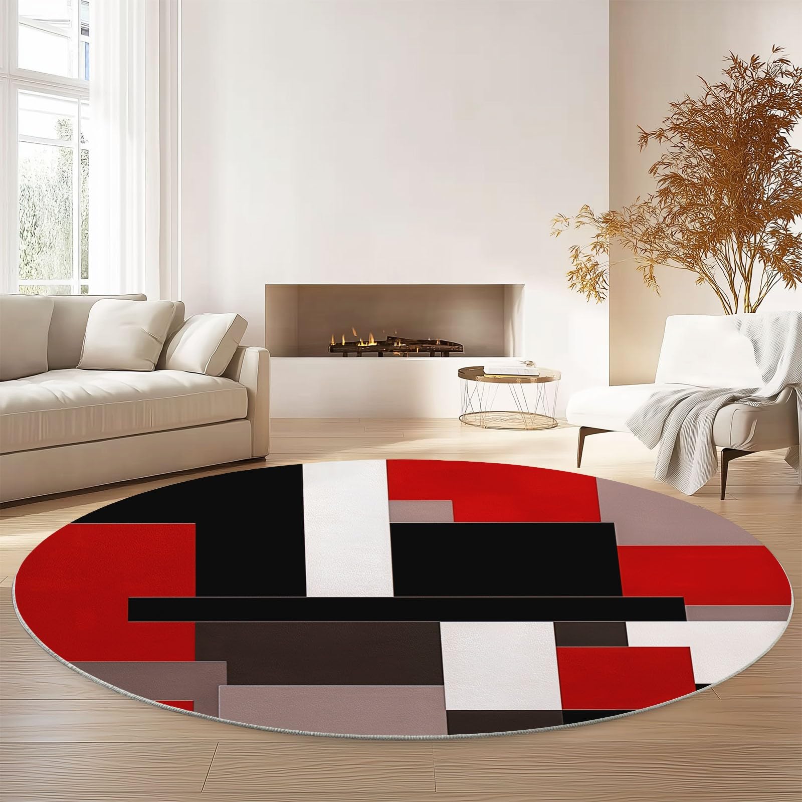 Tapis Rond Motif géométrique Minimaliste Rouge et Noir Tapis de Chambre 120 cm (Round) Adulte Doux Machine pour Salon Antidérapant Imprimé pour Salle à Manger, Chambre d’Enfant Nurserie Rouge Noir