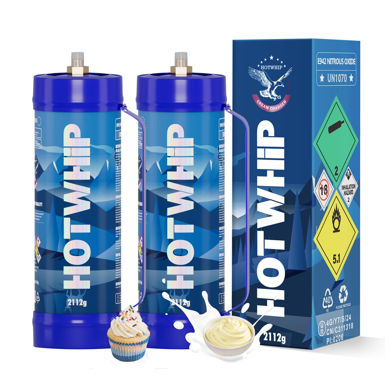 Hotwhip Whipped Cream Charger 3.3L 2112g Whip Cream Charger Cartridges Whip Cream Charger Cylinder Food Grade Original Flavor (Nozzle Included) 2-Pack