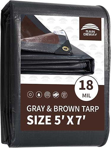 Lona súper resistente de 5 x 7 pies, lona de polietileno impermeable multiusos de 0.630in, con ojales y bordes reforzados, lona grismarrón