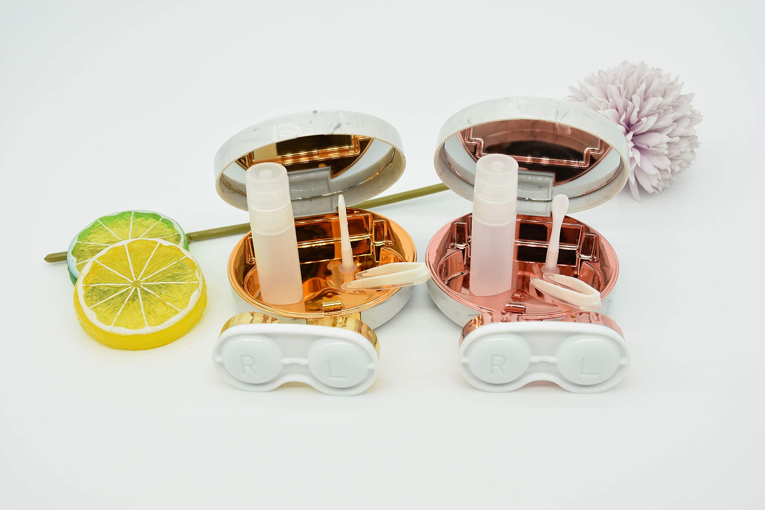 Confezione da 2 custodie per lenti a contatto in marmo, kit di stoccaggio per il contatto da viaggio (oro rosa + oro)
