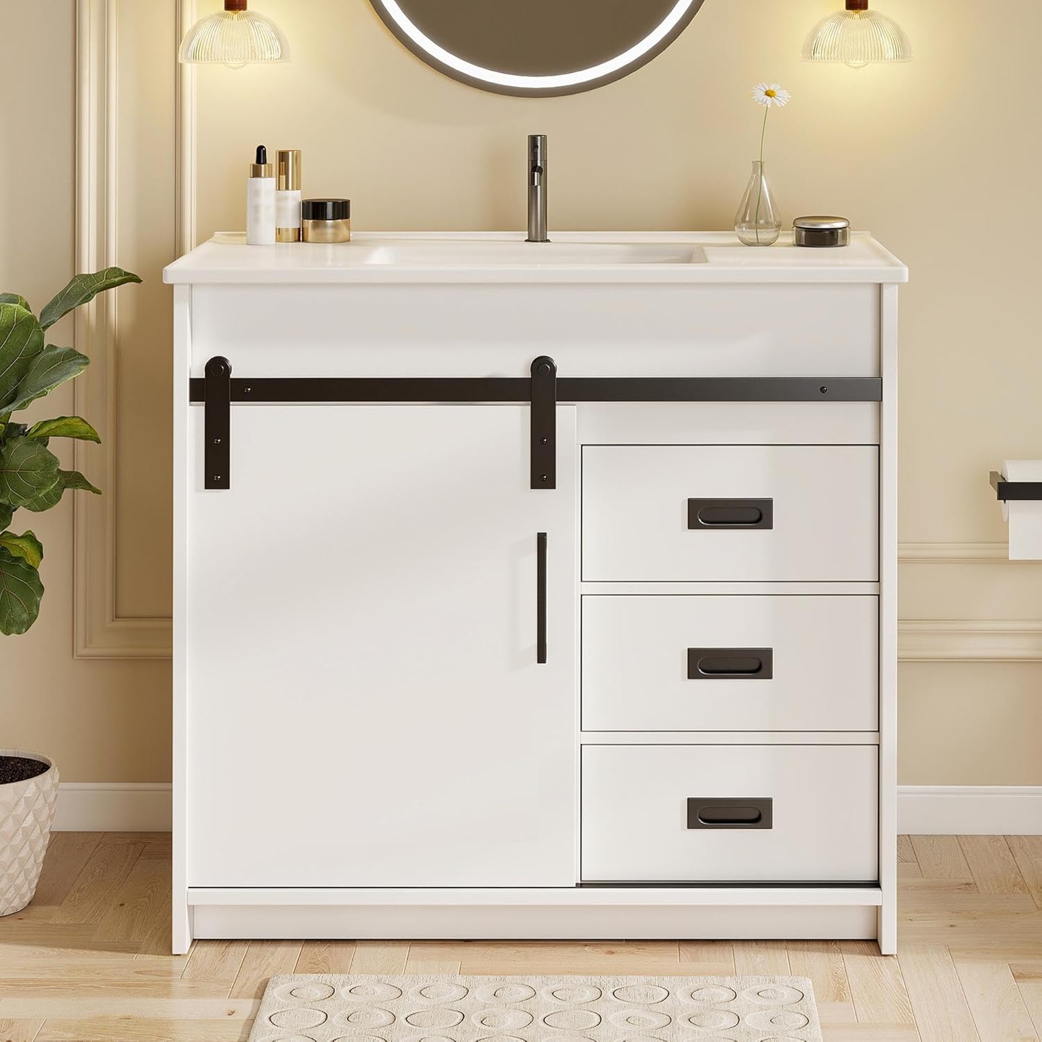 36 Inch Bathroom Vanity with Sink, Freestanding Bathroom Vanity Cabinet Set with Drawers & Sliding Door, Single Ceramic Sink Bathroom Vanities with Metal Handles, White