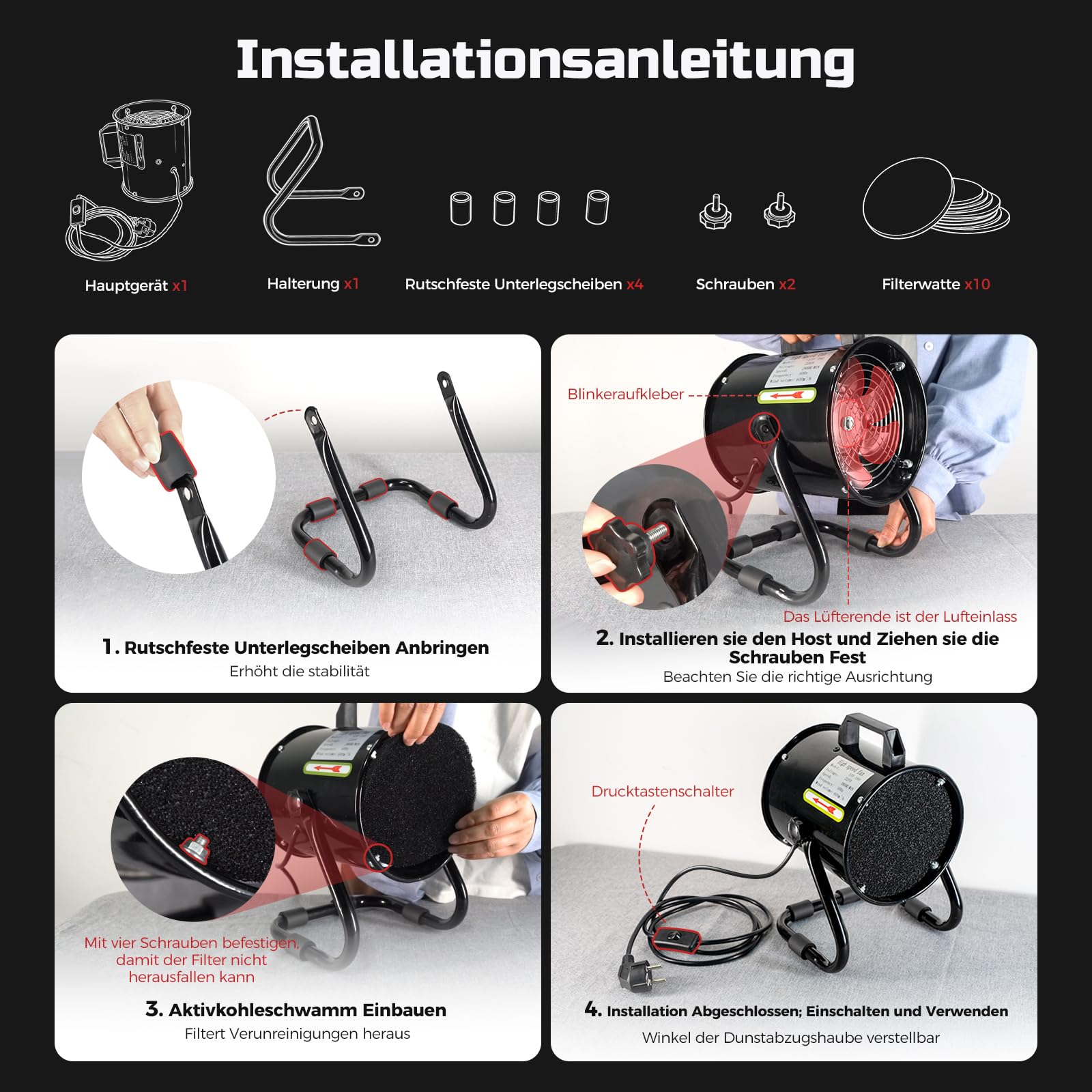 Tragbare Dunstabzugshaube 40W 600m³/h Abluftventilator mit 10 Aktivkohle Filter/120°verstellbare/Geräuscharmer/Aus Aluminiumlegierung - Mobile Abzugshaube für Belüftung Abluftgebläs im Indoor/RV