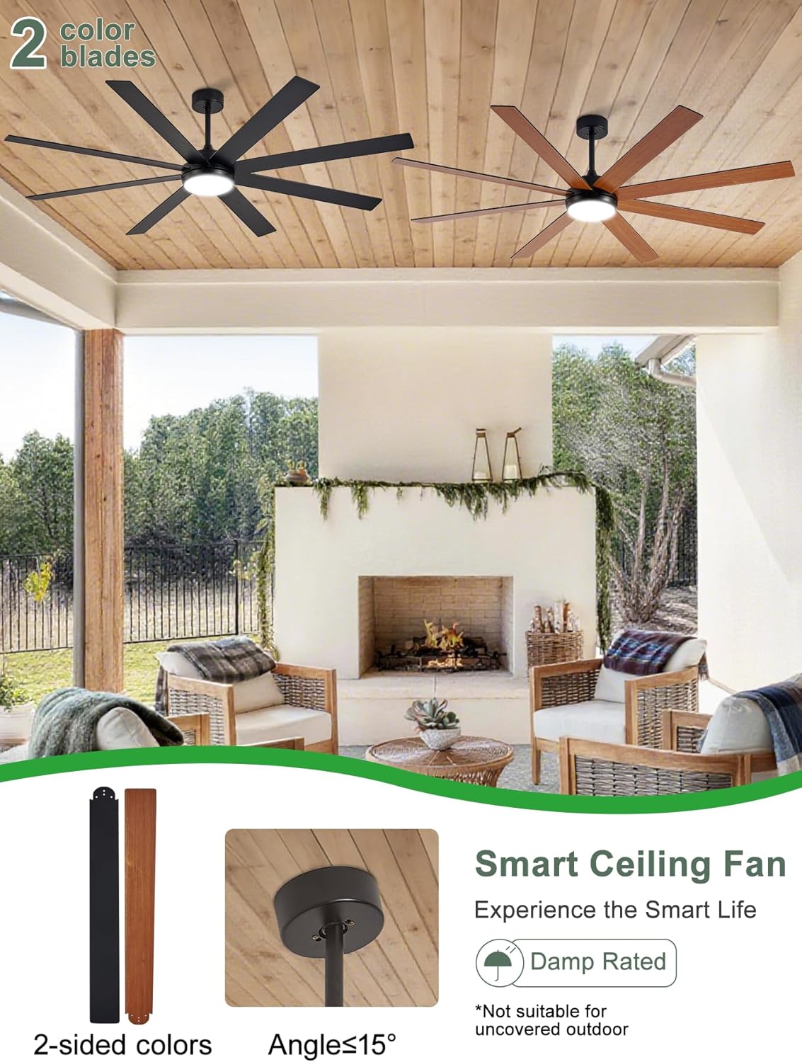 DLLT Large Ceiling Fans with Lights: 72in Modern Indoor/Outdoor Ceiling Fan for Living Room Patio - Black Ceiling Fans with Remote APP Control 8 Blades Reversible Quiet DC Motor Timer 6 Speeds 3 CCT