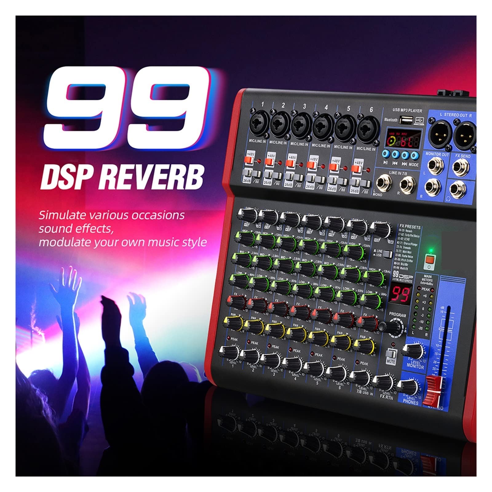 DJ-Audiomixer 8-Kanal-Mixer-Schnittstelle for DJ-Mischpult-Controller-Aufnahmestudio mit 99 DSP-Digitaleffekten