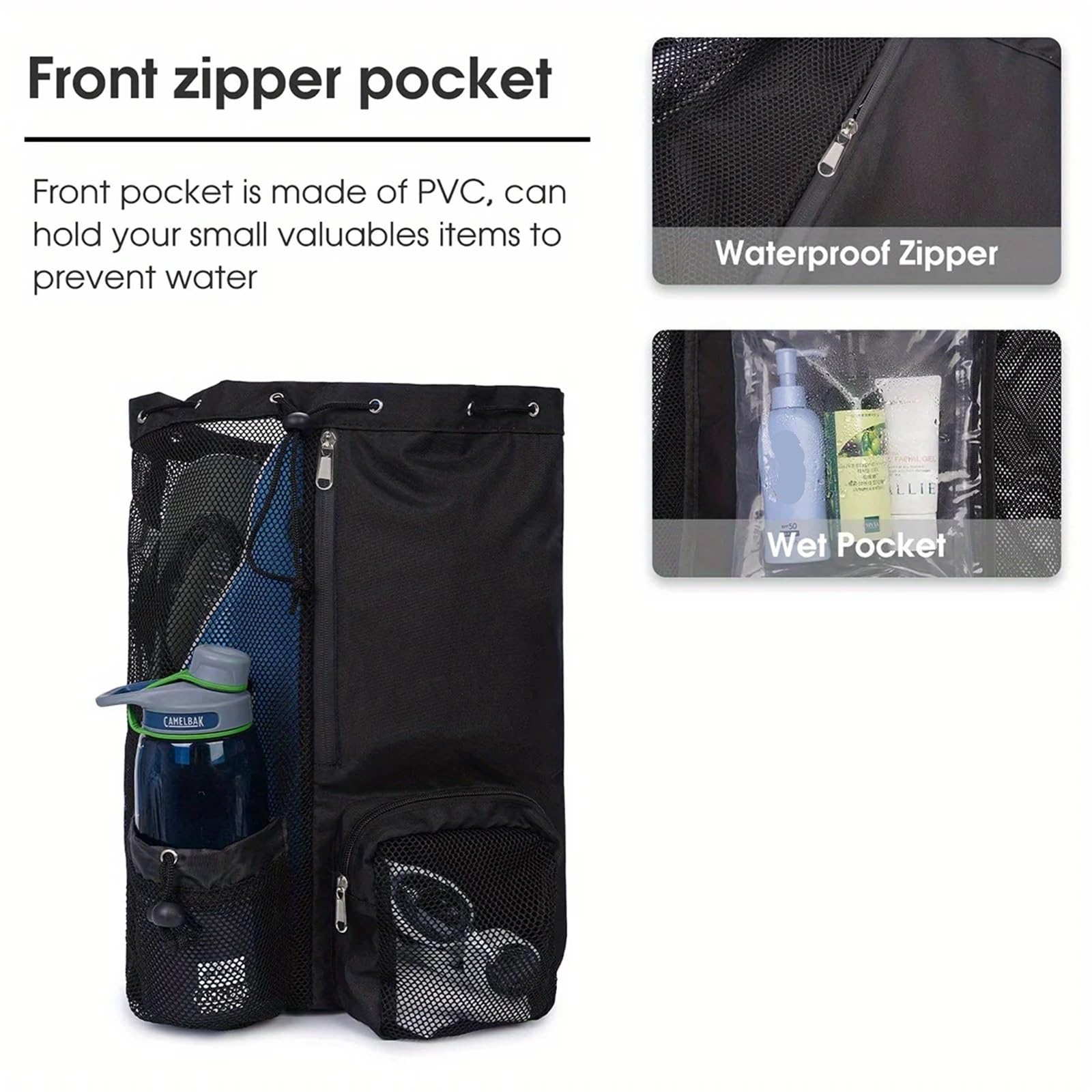 Bolsa de Deporte Bolsa de gimnasio Bolsa de natación Mochila con cordón de red con bolsillo húmedo Mochila de playa Natación Gimnasio y bolsa de almacenamiento de equipo de entrenamiento(Black)