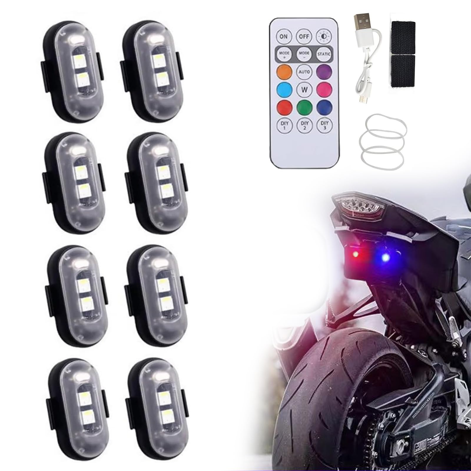 Summer LED Lights for Car, Remote Control Strobe Light, led Anti-Collision Lights, Drone Strobe Light, Velcro led Lights for car, Wireless led Strobe Lights with Remote Control for car (8 Pcs)