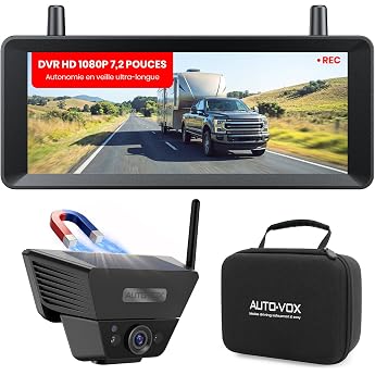 AUTO-VOX Magnetic Solar Reversing Camera Wireless 1 Minute Installation 1080P HD Two-Channel with Recording Function for Motorhomes Trucks Trailers 7.2 Inch Single Cam Magnetic