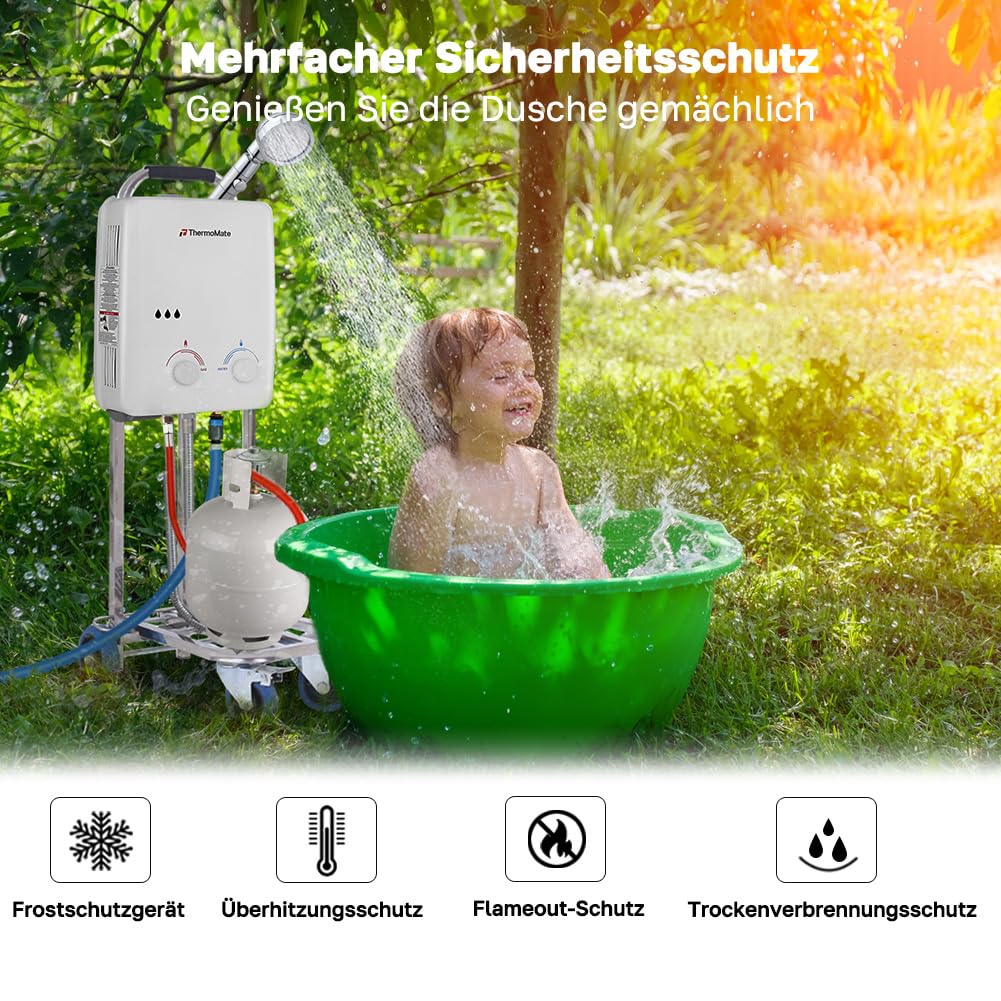 ThermoMate Chauffe-eau instantané à gaz sans réservoir, chauffe-eau portable instantané, 10 kW, 50 mbar, pour camping, bateau, camping-car