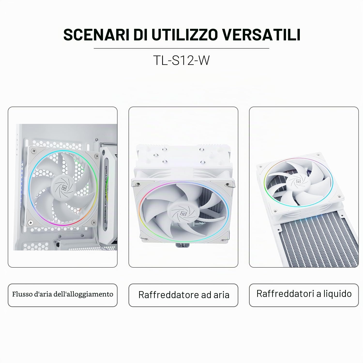 Thermalright TL-S12W - Ventola per CPU da 120 mm, con effetto luce ARGB, ventola per computer PWM Silent con velocità di 1500 giri/min, ventola di raffreddamento CPU, colore bianco (confezione da 3)