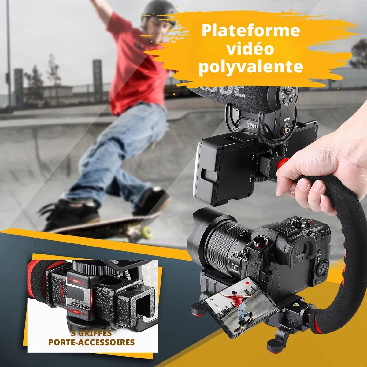 Zeadio Stabilisateur pour Smartphone, poignée de Prise de Vue à Main, compatibilité avec Toutes Les caméras, caméscopes, caméras d’Action, DSLR et pour Tous Les Smartphones iPhone et Android