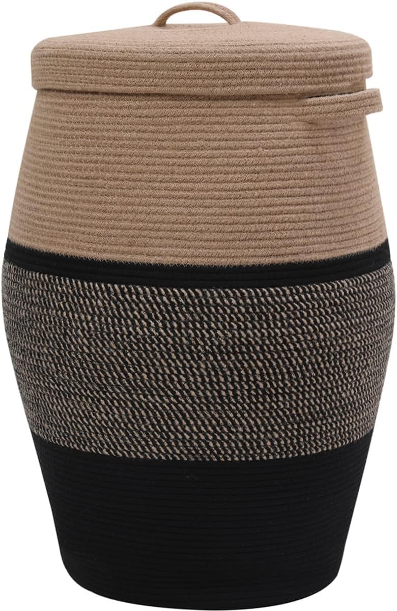 Elegant Home Laundry Basket – Luxury Home Organizer | Beautiful Storage for Every Home, Foldable Woven Storage Basket for Bedroom, Bathroom & Nursery, (Beige Black With Lid, 14x16 Inch)-image-21