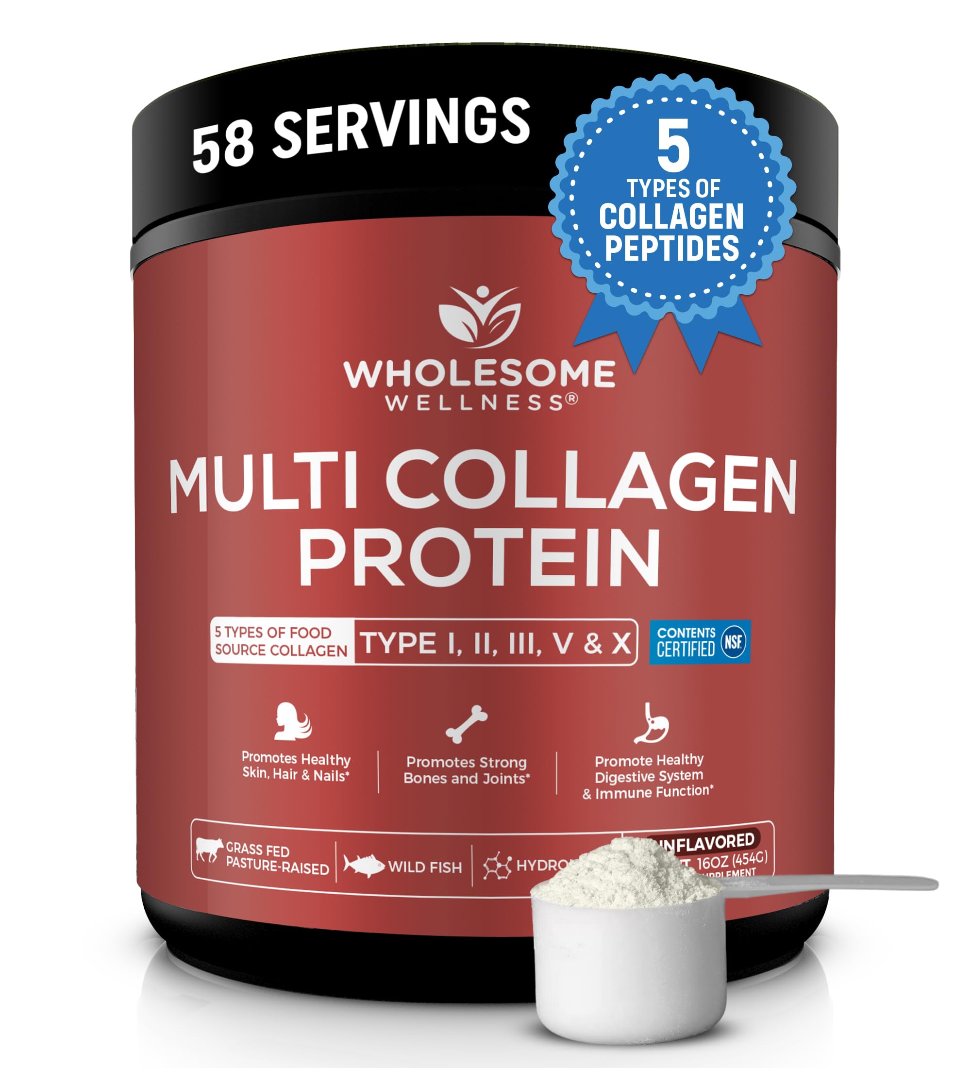 Wholesome Wellness Collagen Protein Powder Hydrolyzed (Type I II III V X) Grass-Fed All-In-1 Bone Broth with Peptides