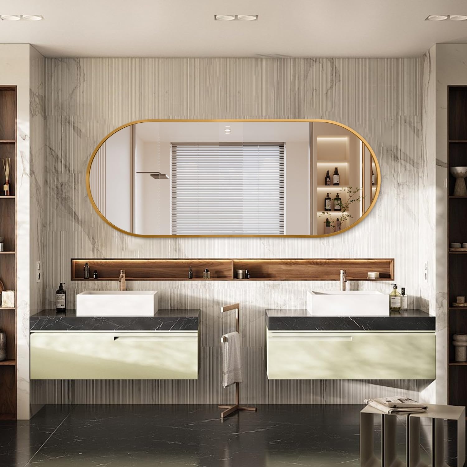 JJUUYOU Miroir de salle de bain ovale pleine longueur miroir mural en métal doré 120 x 60 cm encadré en alliage d'aluminium miroirs de chambre à coucher pour salon, entrée, dortoir et entrée