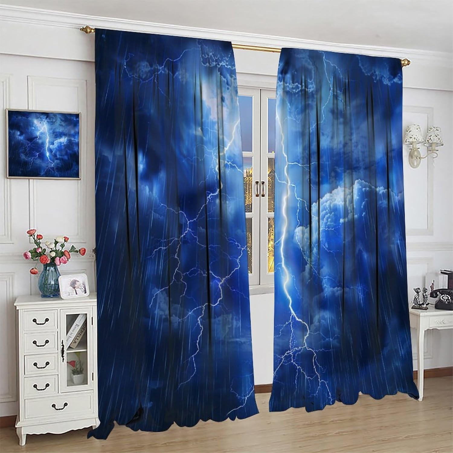 Nature Sky Weather Blackout Curtains for Bedroom/Living Room, Cloud Lightning Storm Rain Thermal Insulated Curtains Rod Pocket Window Drapes, 2 Panels/Each 21" W x 45" L