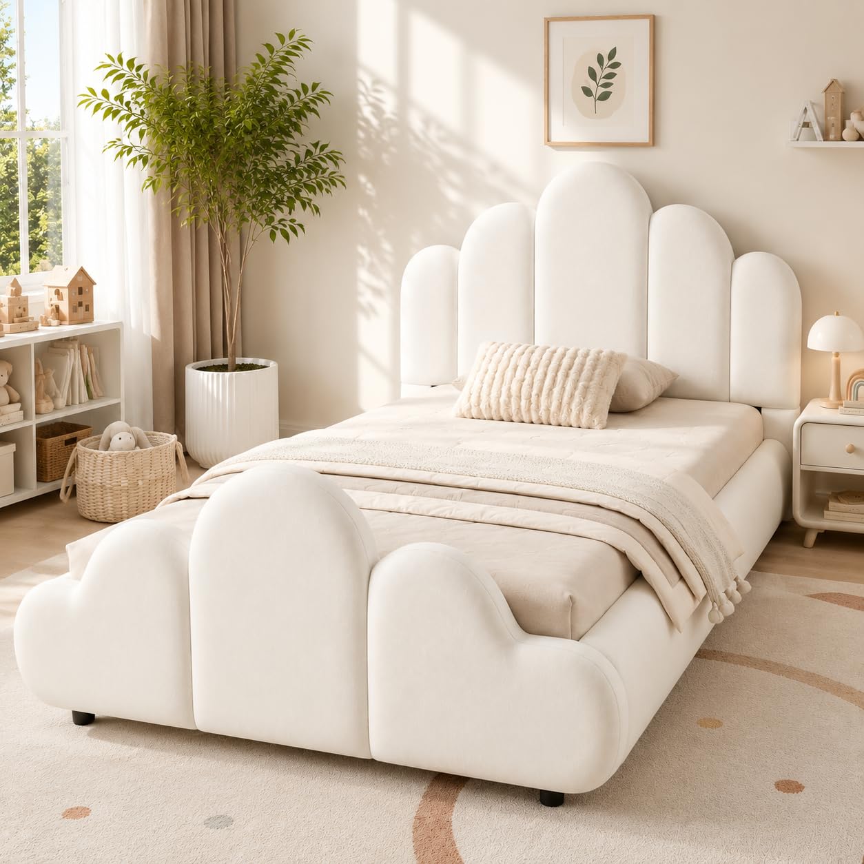 Merax 3FT Single Velvet Bed Frame with Petal Headboard Beige-No Mattress — image 1