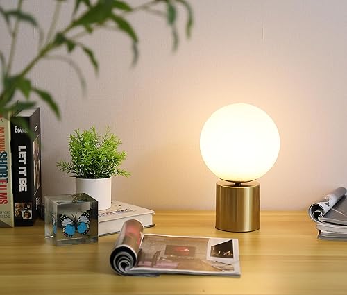 Miniatura 9 de Lámpara de mesa moderna de globo dorado de mediados de siglo, lámpara de mesita de noche redonda con pantalla de vidrio blanco, base de metal,