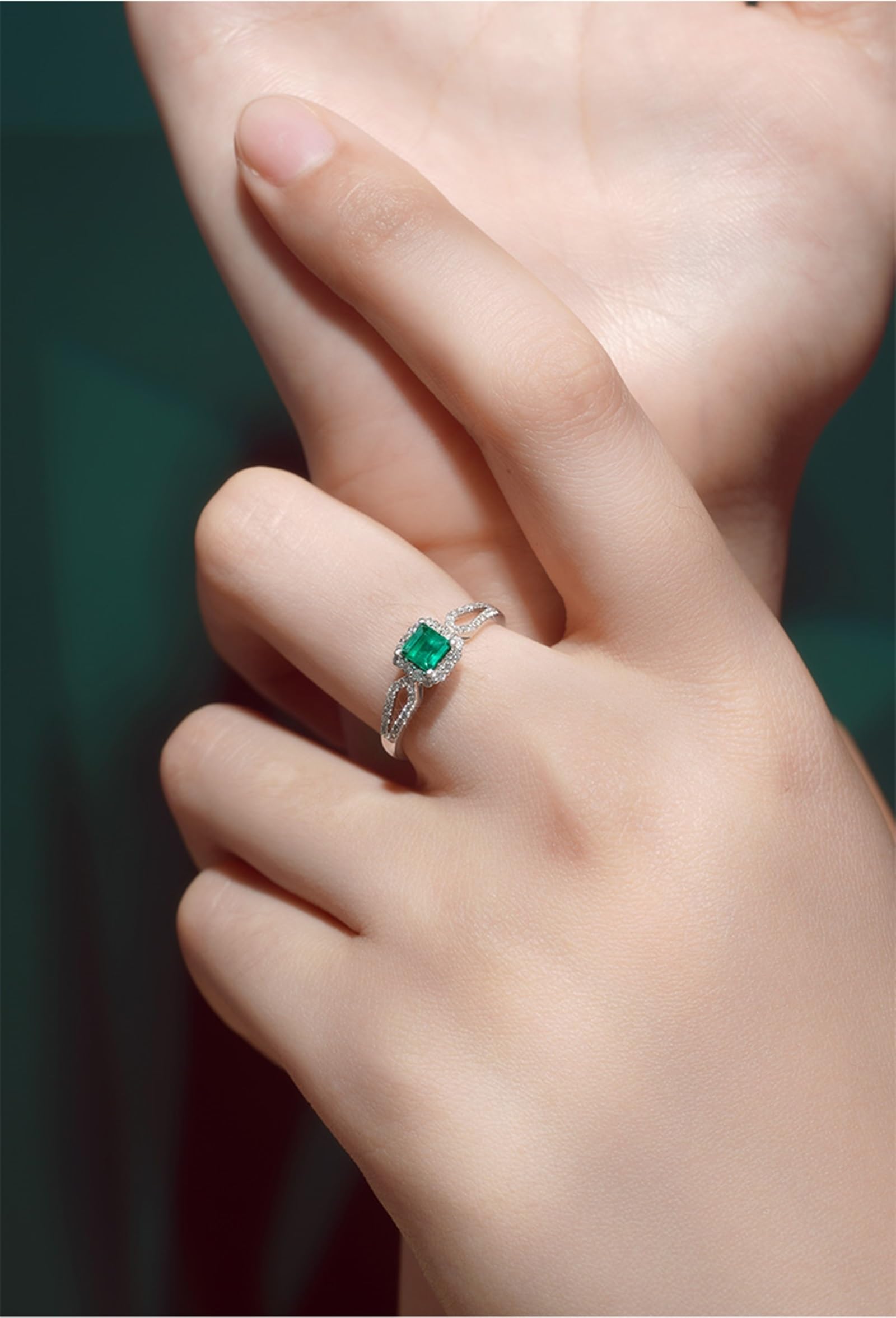 Pierścionek damski, białe złoto, prawdziwe złoto, pierścionek zaręczynowy, elegancki 0,4 ct szmaragdowy pierścionek dla kobiet