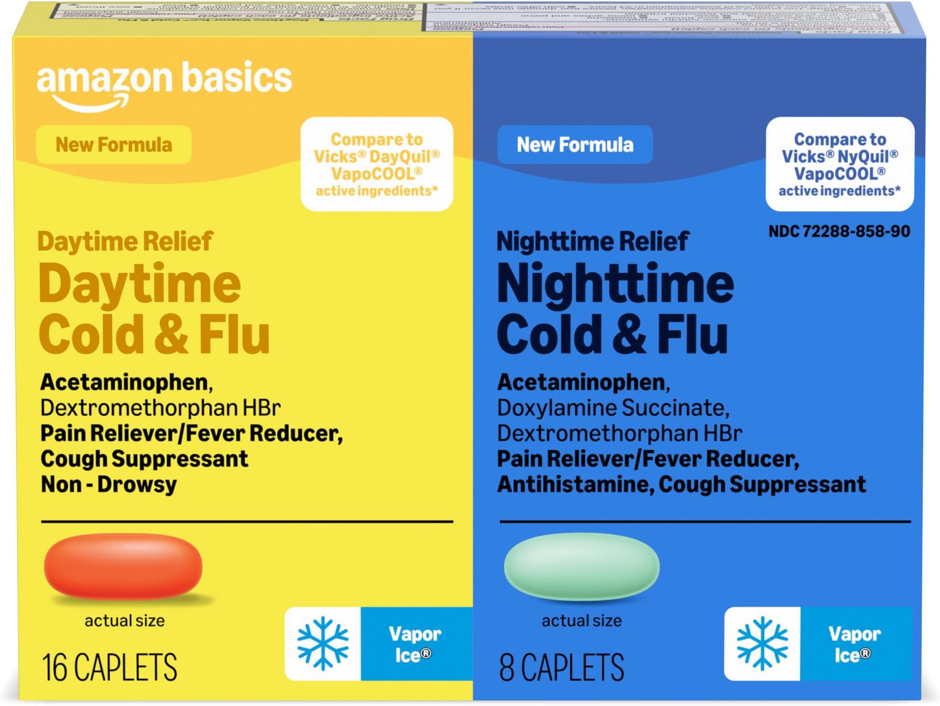 Amazon Basics Vapor Ice Daytime and Nighttime Severe Cold and Flu, Coated Caplets, Combo Pack, 24 Count (Previously Amazon Basic Care)