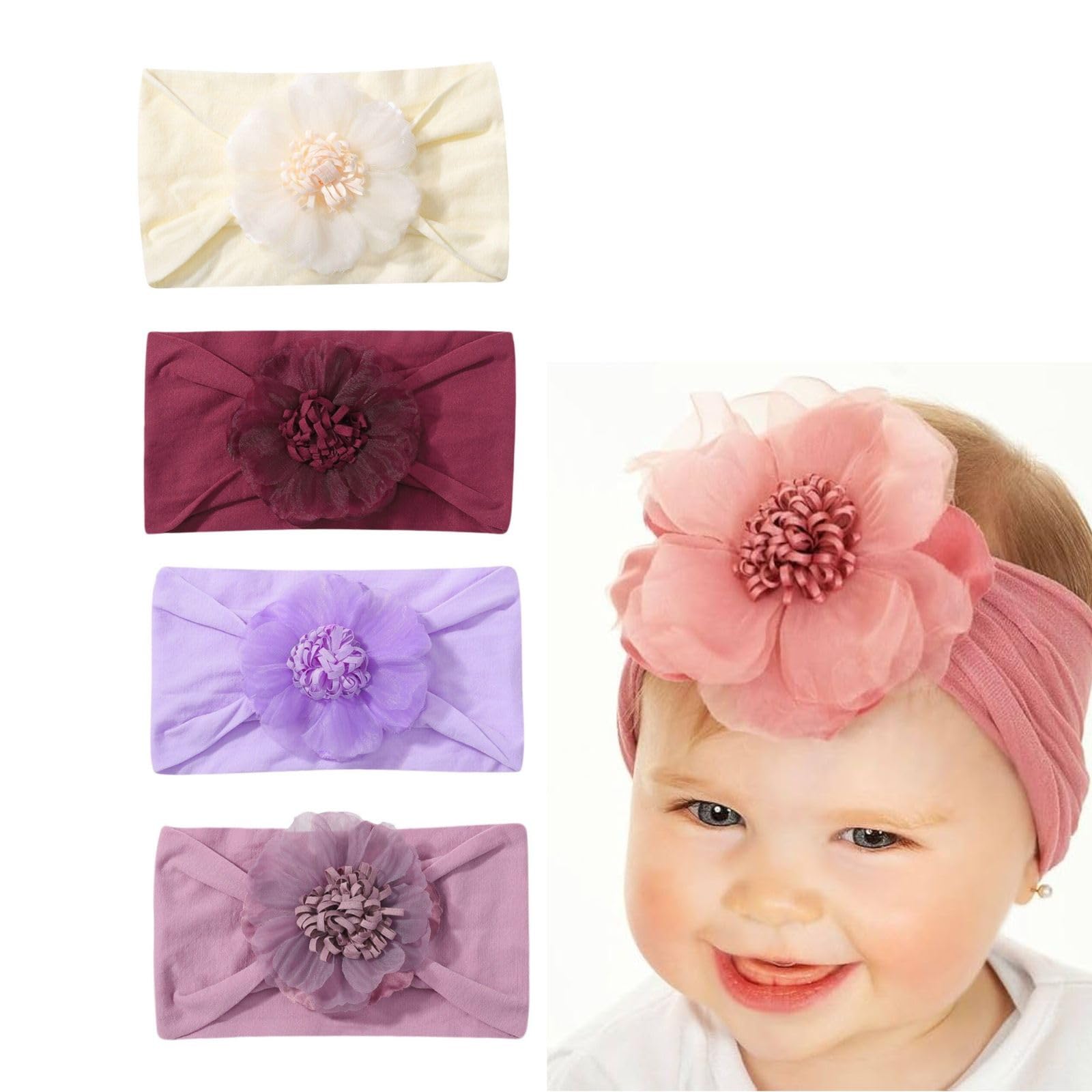 baby girls top flower headwrap stretchy silky headbands set 4 pcs for infant toddlers (chiffon flower 4pcs)
