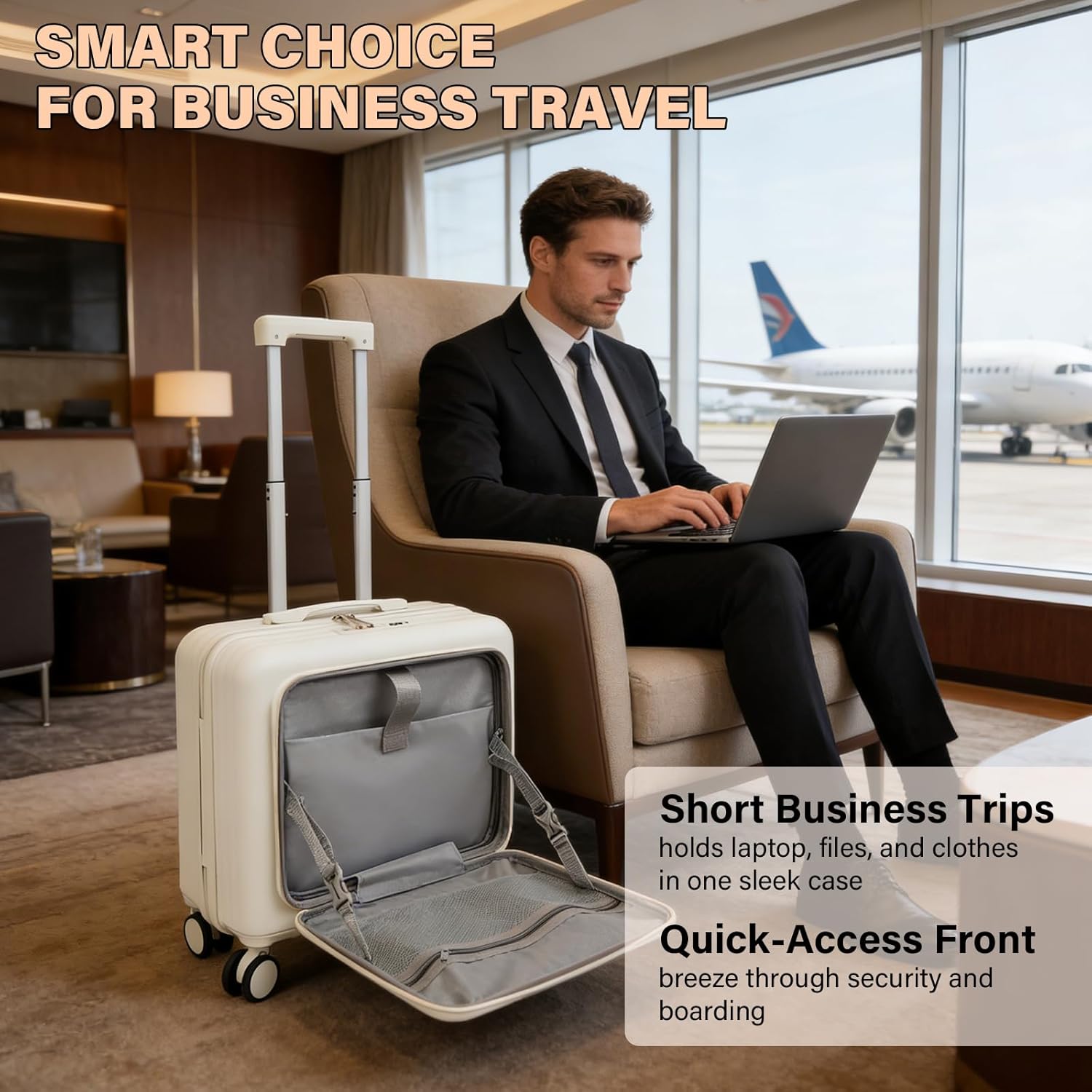 18 Inch Carry On Suitcase with Front Lid & USB Port, Lightweight ABS Cabin Luggage with Cup Holder, Password Lock, 4 Wheels for Business Travel, Weekend Trips (White)