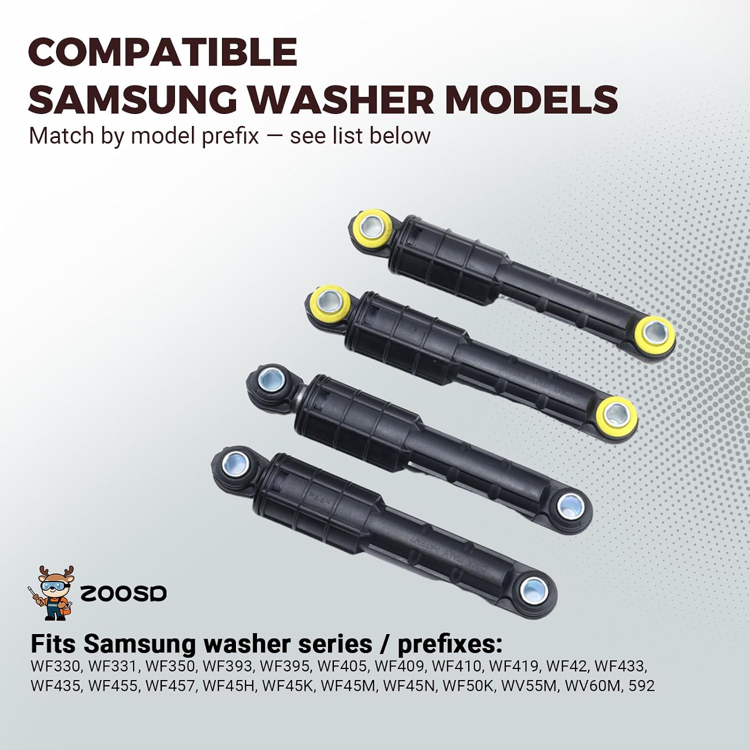 WF42H5000AWA2 WF42H5200AFA2 WF42H5200APA2 Shock Absorber Kit for Samsung | WF42H5200AWA2 WF42H5600AWA2 WF45K6500AVA2 WF45K6500AWA2 WF45M5500AWA5 WF50K7500AVA2 WF50K7500AWA2; for Samsung washers.