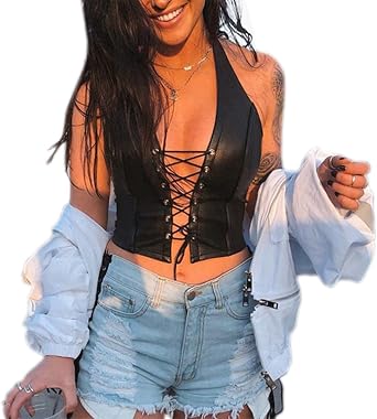 Sexy Corset Tops for Women Adjustable Spaghetti Straps PU Leather Bustier Crop Top Rave Outfit Party Club Night Black