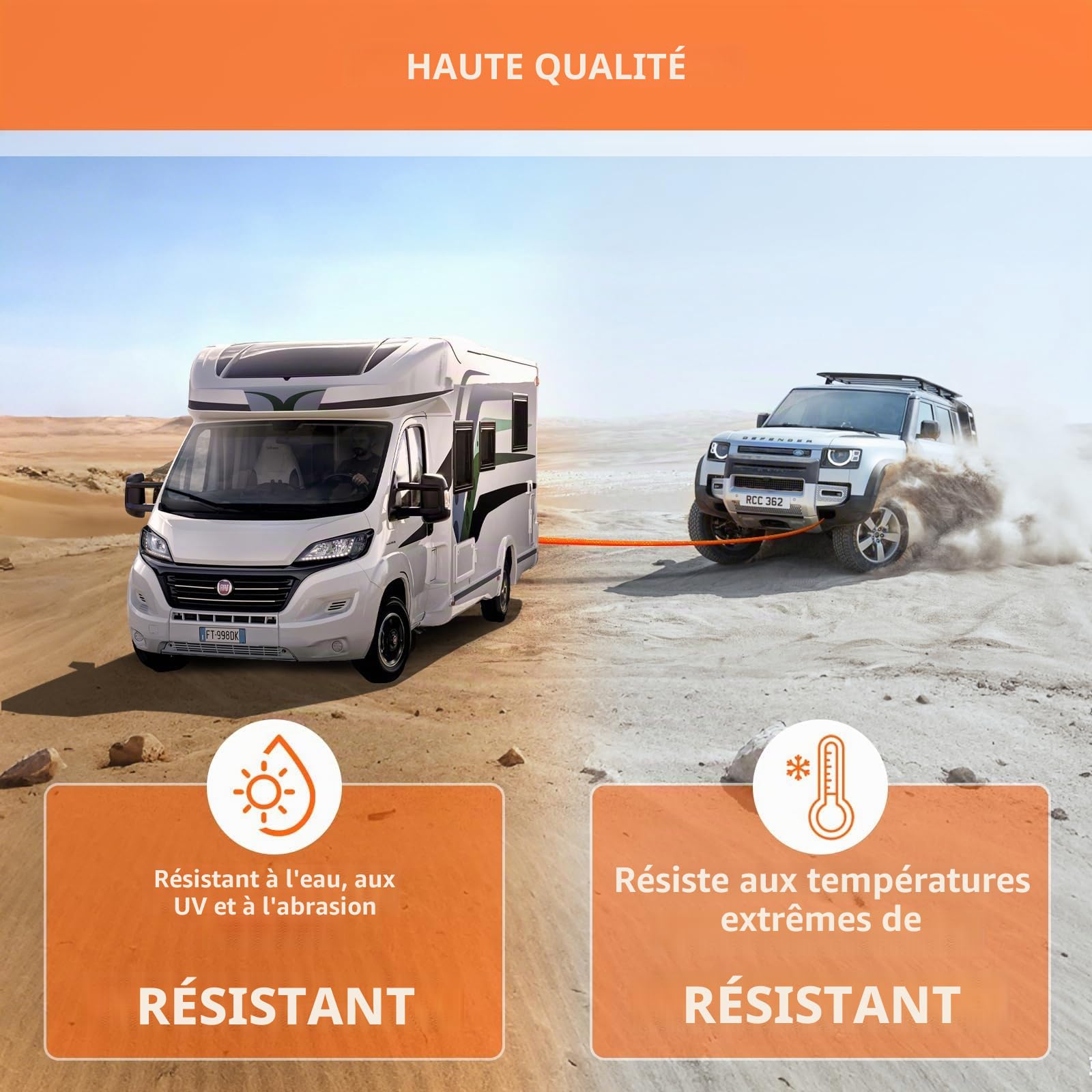 Sangle de Remorquage Voiture, Corde de Remorquage Auto avec 2 Manille et et Sac Rangement, Elingue de Treuil d'urgence pour Camion, SUV, ATV, Camping-Car 6M/5T