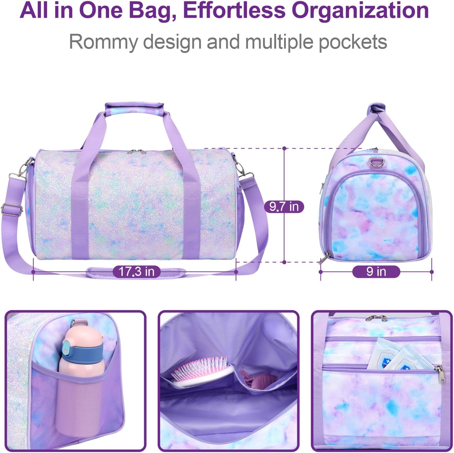 Bagseri Duffel Bags for Kids - Girls Dance Ballet Bag Waterproof Sports Gymnastics Bag for Girls Kids Sleepover Duffel Bag with Shoe Compartment and Dry Wet Separation Pockets (Tie-dye, Purple) - Image 2