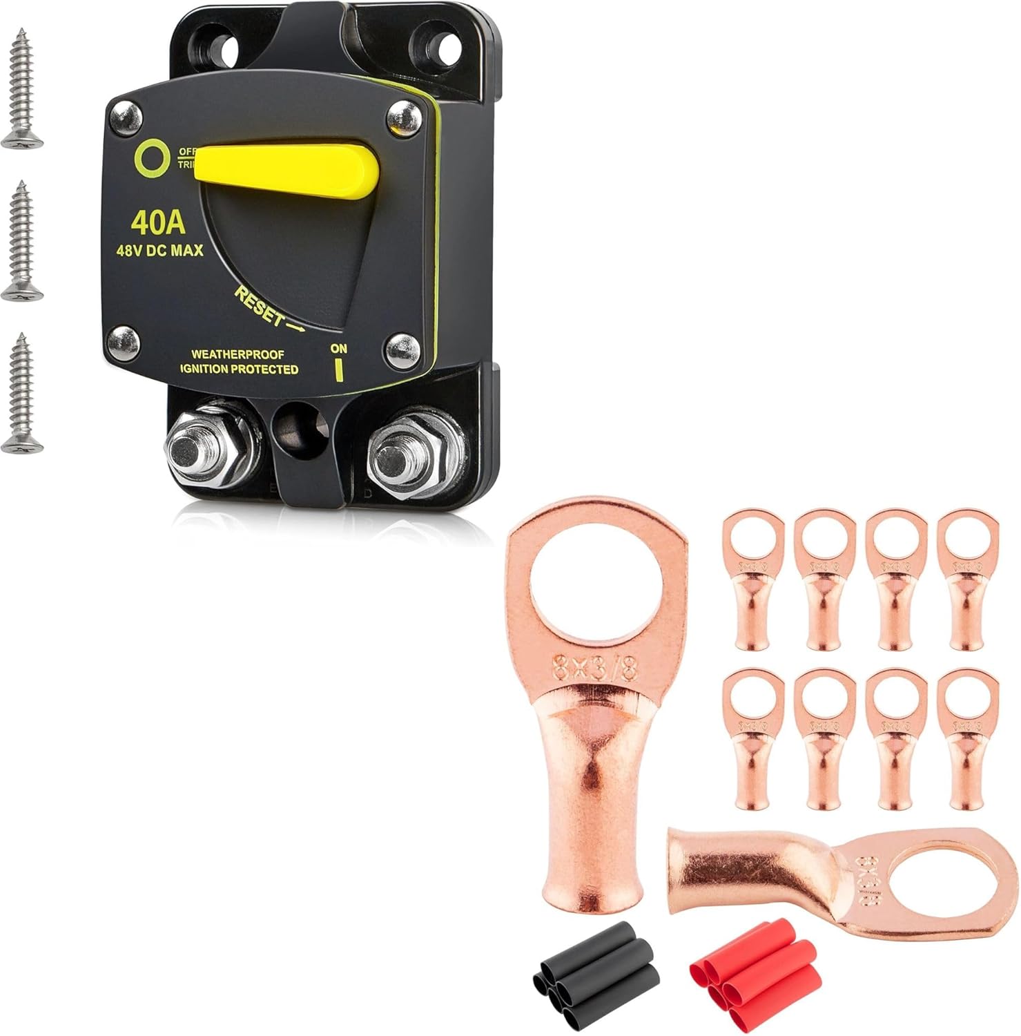 RED WOLF BS6040 40A Amp Circuit Breaker W/Manual Reset DC 12-48V for Car Audio RV Marine w/10 Pack 8 Gauge x 3/8" Copper Wire Ring Terminals Connector Lug W/3:1 Heat Shrink Tubing