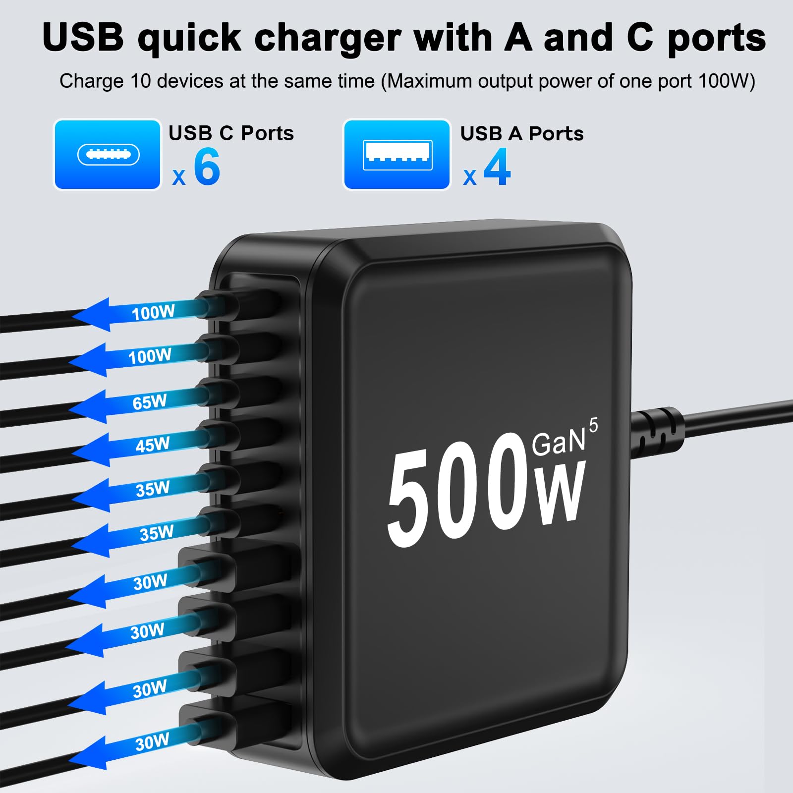 GaN V - Caricatore USB C multiplo, 500 W, 10 porte, caricatore rapido a 10 porte, compatibile con MacBook Pro/Air, iPad Pro/Air, iPhone, Android, ecc
