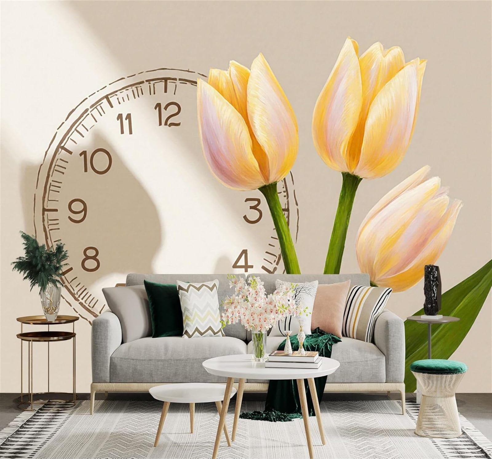 XLMING Beautiful Yellow Tulips Clock Minimalist Style Art 3D Wallpaper Silky Texture Home Study Office Grey Dining Room Sofa Bedroom Living Room TV Backdrop-200cm×140cm