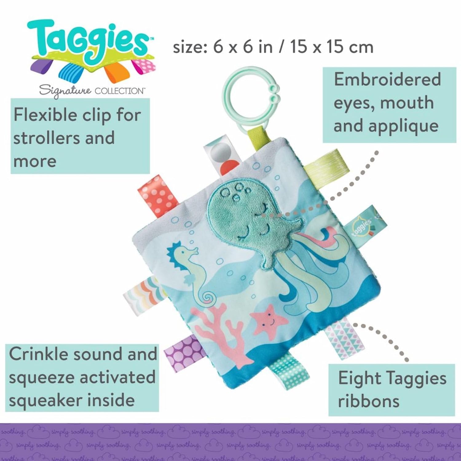 Taggies Crinkle Me Toy with Baby Paper & Squeaker, 6.5 X 6.5-Inches, Sleepy Seas Octopus