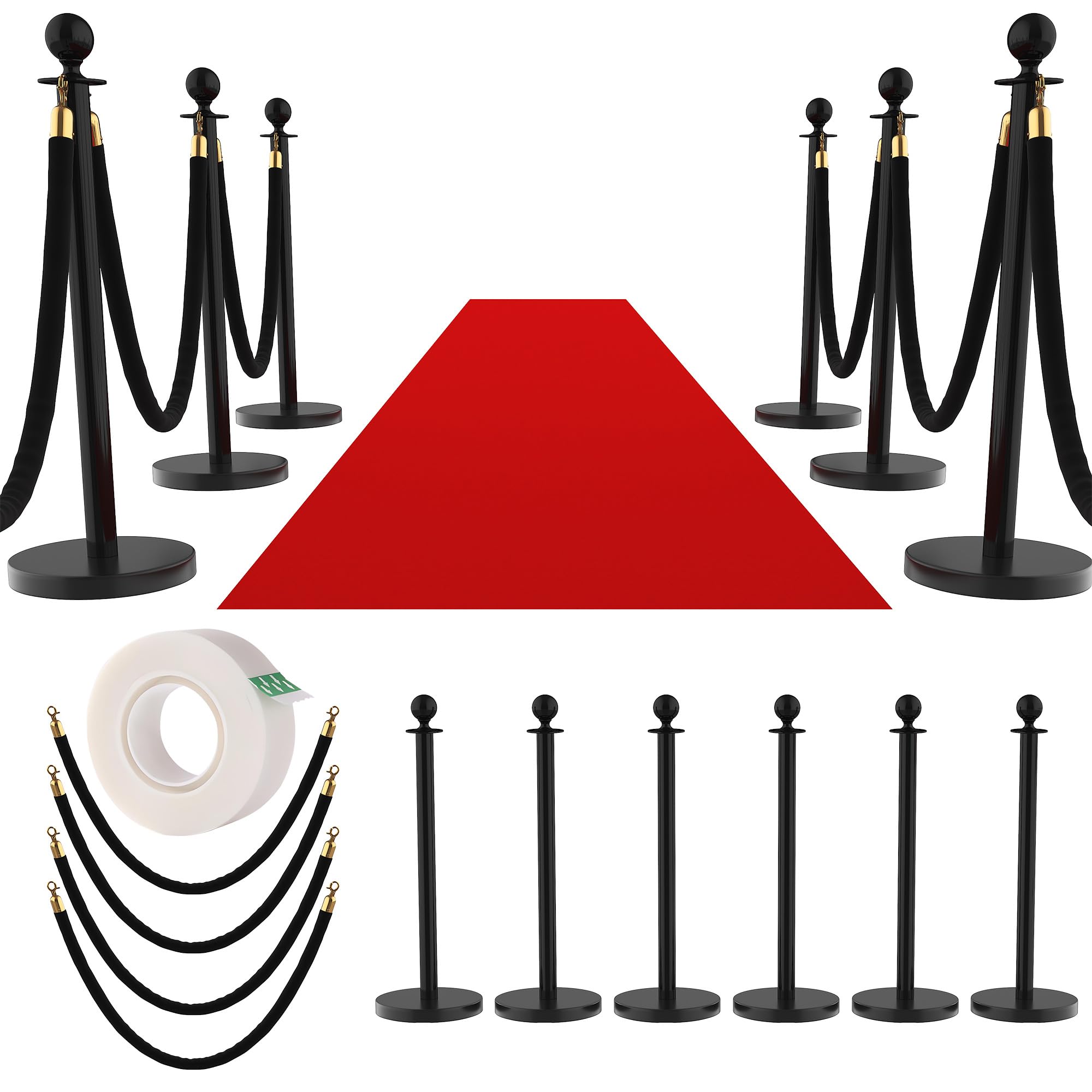 8Pcs Stanchions and Velvet Ropes, Black Stanchions with Retractable Belts, Crowd Control Barriers with Hollow Base, Red Carpet Ropes and Posts for