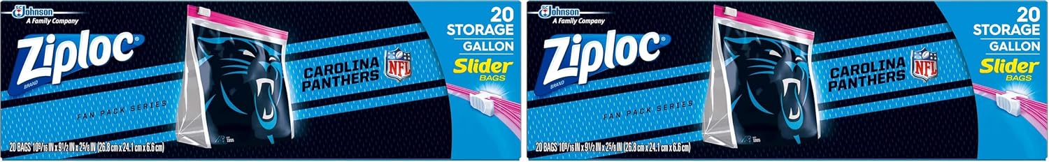 Ziploc Slider Storage Gallon Bag, Great for Grab-and-go Snacking, Tailgating or homegating, 20 Count- NFL North Carolina Panthers (Pack of 2)