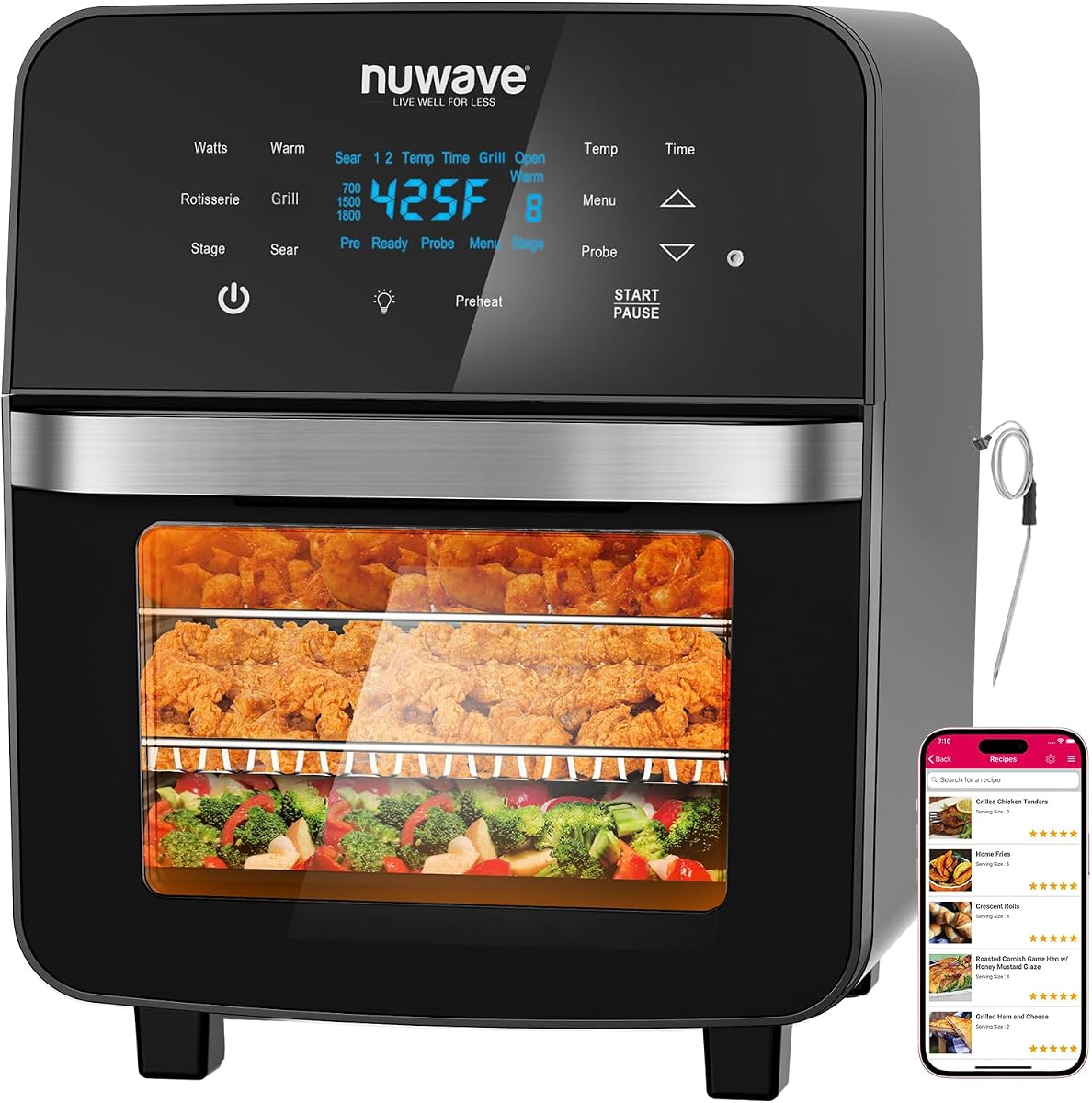 Brio 15.5Qt Air Fryer Oven with Plug-In Grill, XL Family Size | Air Fry/Grill/Rotisserie; Even & Crisp Cooking; 100 One-Touch Presets/50 Memory; 50°F-425°F in 5°F Steps; 1800W