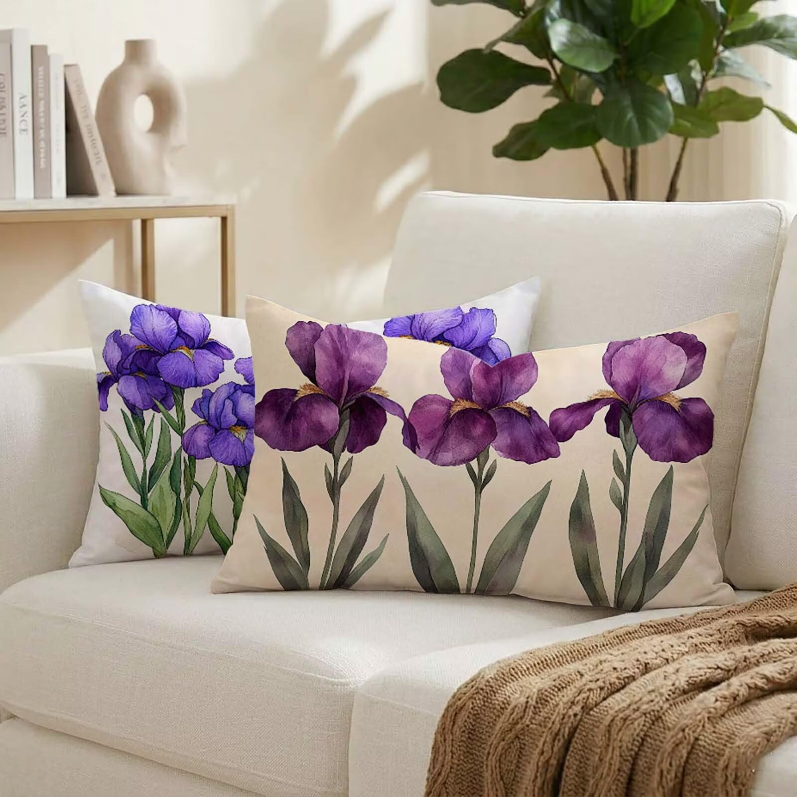 Coussin exterieur impermeable 50x80 lot de 2 violet motif lin