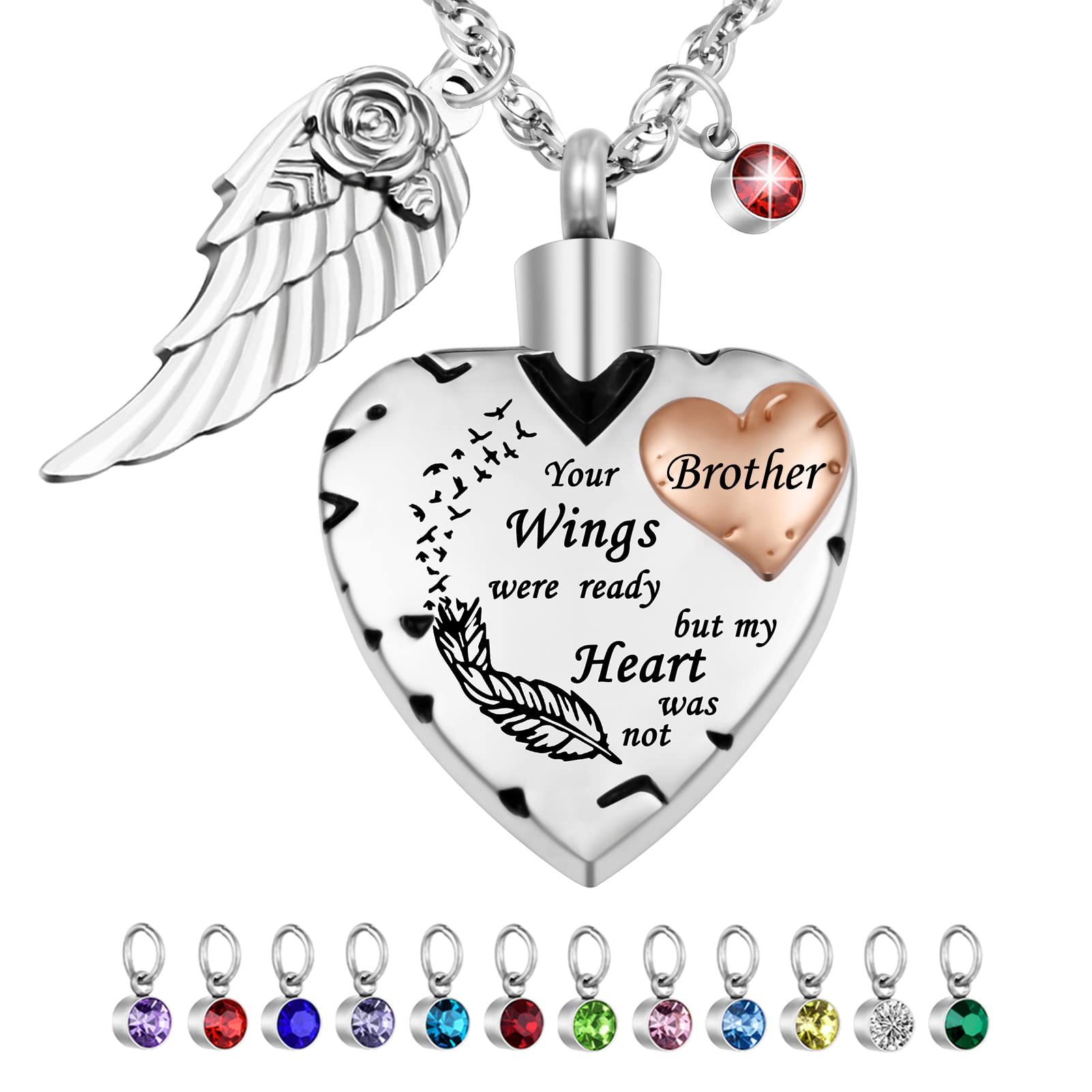 Dletay Heart Cremation Necklace for Ashes Cremation Jewelry with 12 Birthstones Urn Necklace for Ashes-Your Wings were Ready but My Heart was Not