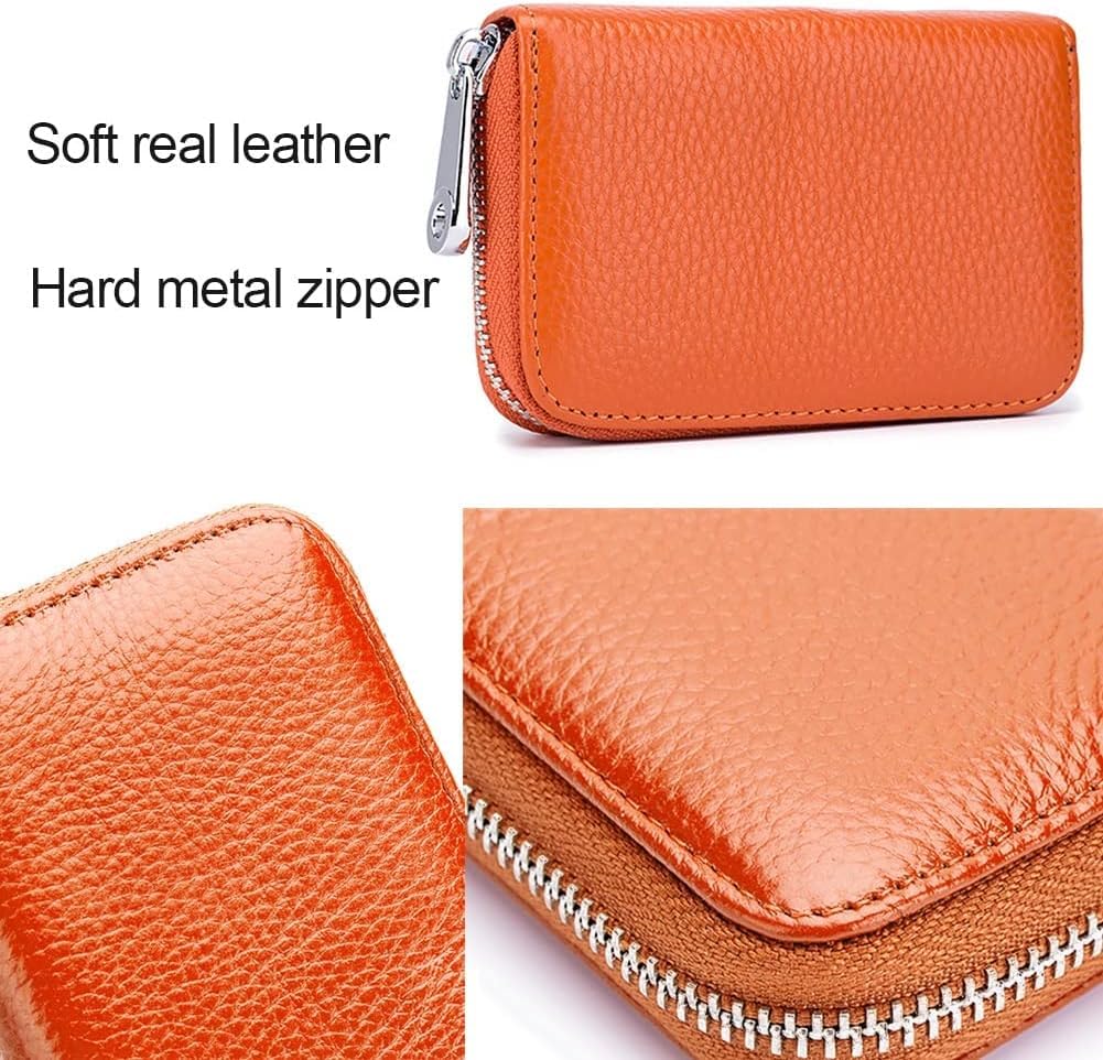 VOGARD Unisex RFID Blocking Leather Card Holder Wallet with Zip Closure | 12 Card Slots & Cash Pocket | Compact Accordion Credit Card Organizer for Men & Women (Orange)
