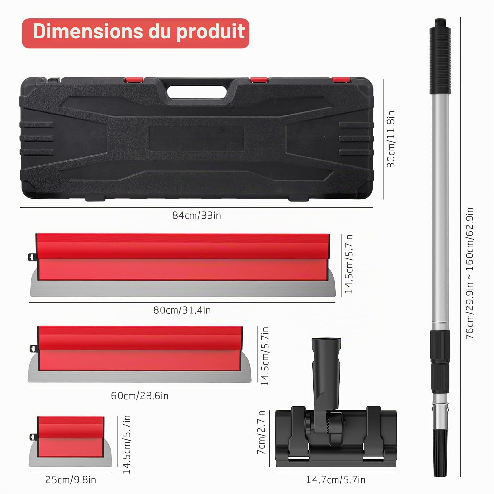 Lot de 3 spatules à joints avec manche télescopique, spatule large en acier inoxydable pour surfaces lisses sur murs, plafonds, angles – réglable, facile à changer et à ranger