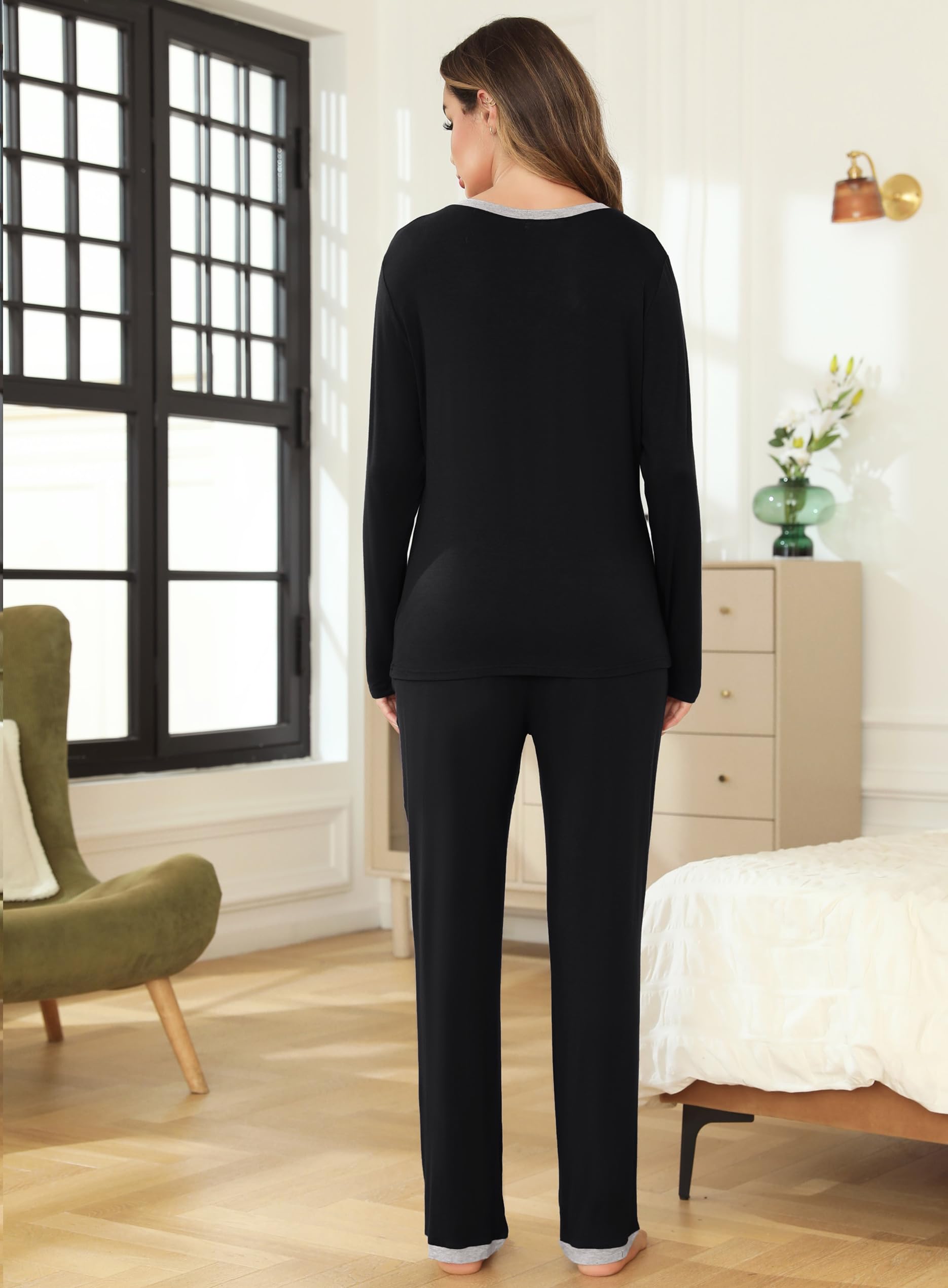Lovasy Pigiama Donna Manica Lunga Pantaloni Lunghi Casual Scollo a V Top con Motivo a Pois Carino con Tasca Due Pezzi