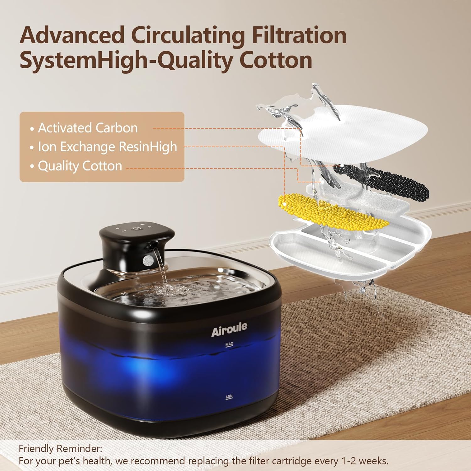 Cordless Cat Water Fountain - Automatic Cat Water Fountain Wireless Dog Water Dispenser with Replacement Filters, Gifts for Christmas, Cats, Dogs, Multiple Pets (Black)
