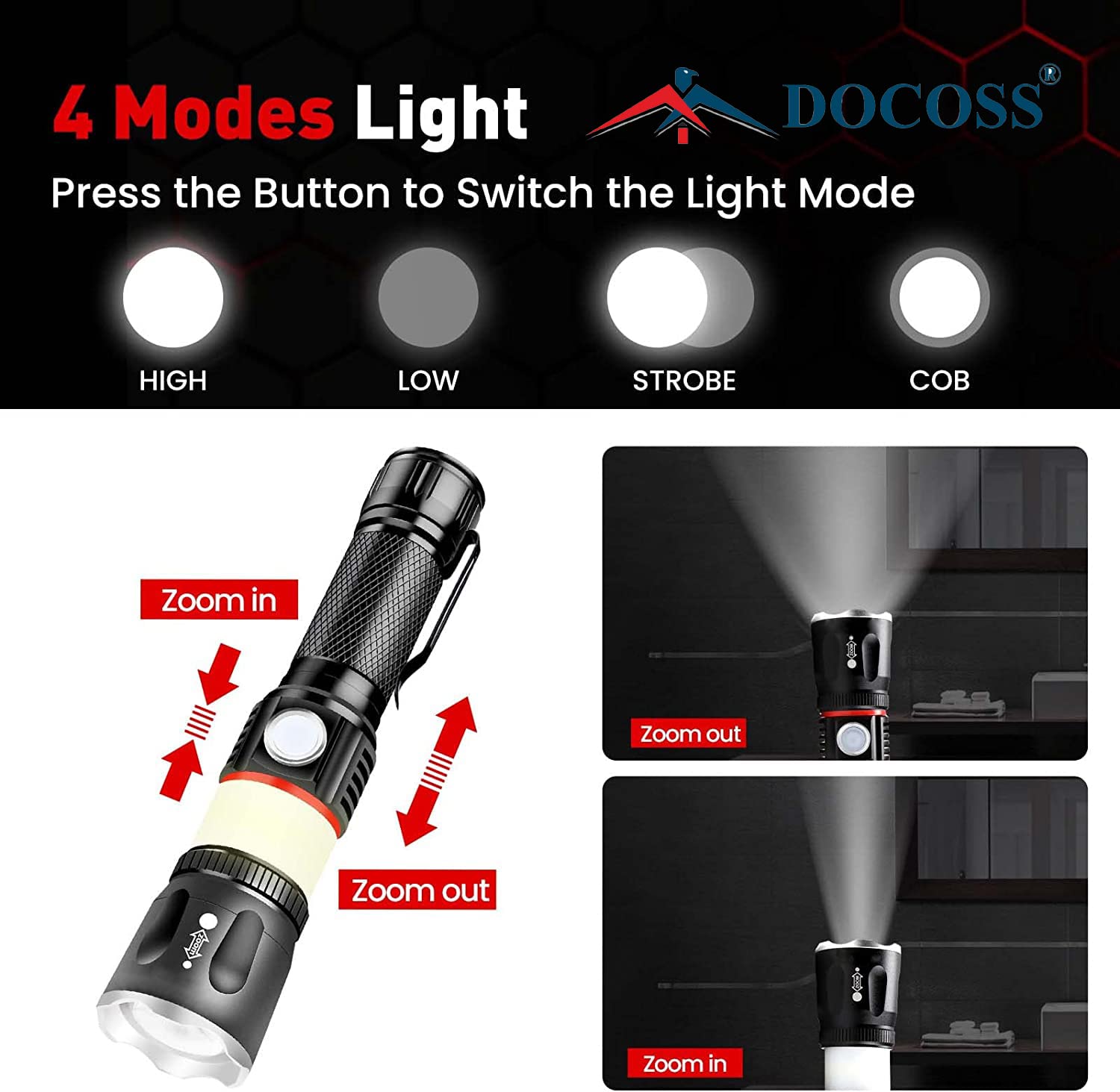 DOCOSS DS-T71 Rechargeable Torch Light High Power Flashlight LED Light with Lamp Camping Torch 2 in 1 - Black, Metal 2