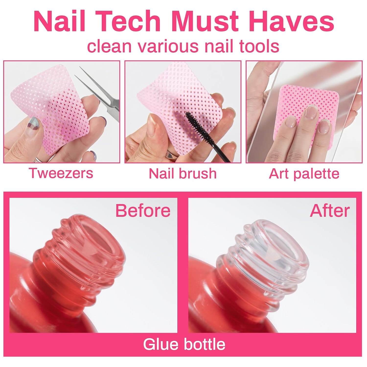 1200 Lint Free Nail Wipes - Nail Polish Remover Pads, Glue or Gel Remove, Use with Acetone or Alcohol, Eyelash Brush & Nail Art Brushes Cleaning, Nail Art Supplies, Nail Stuff for Techs, Pink